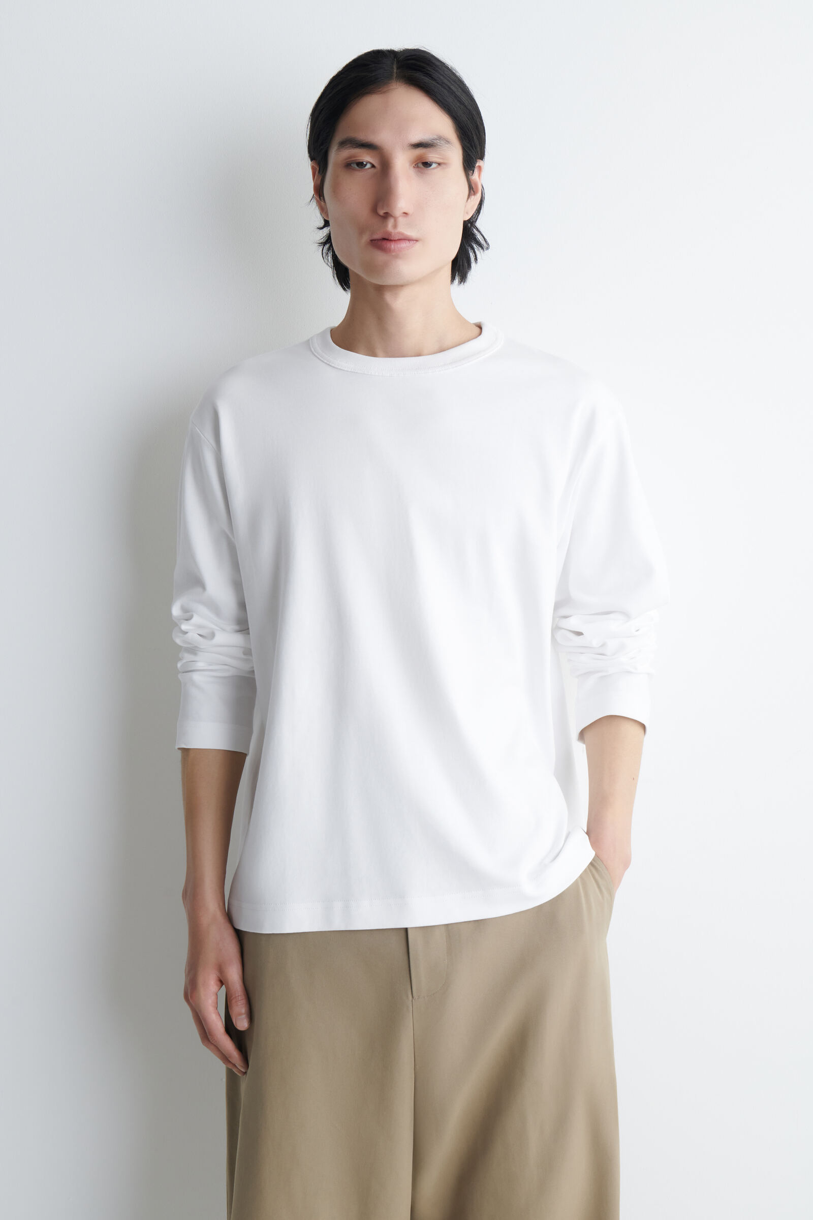 RELAXED JERSEY INTERLOCK LONG-SLEEVED T-SHIRTWHITE