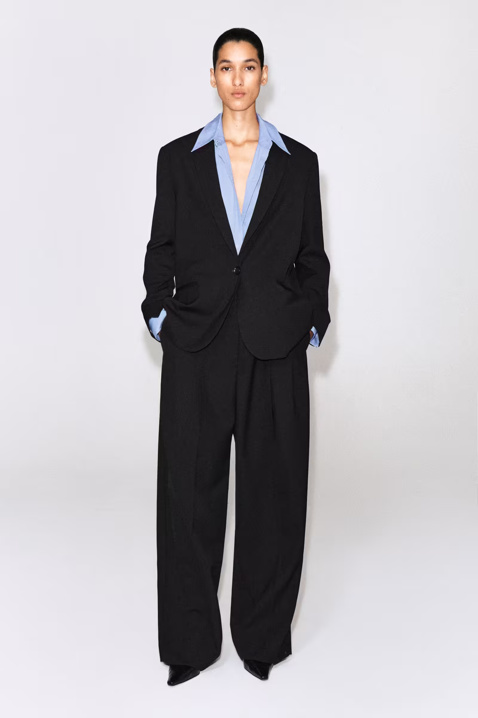 RELAXED TWILL WIDE-LEG TROUSERSBLACK