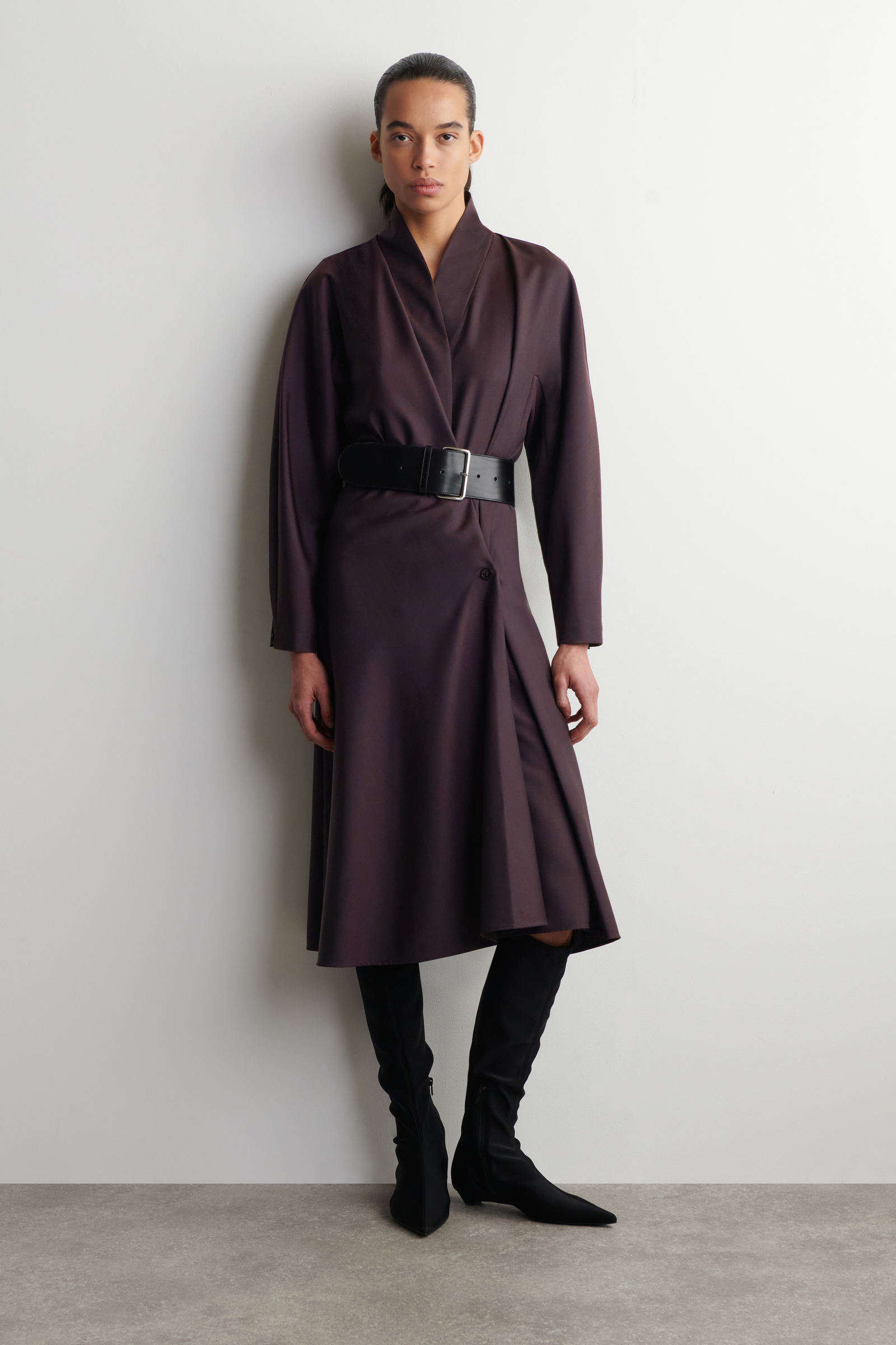 SHAWL-COLLAR WOOL WRAP DRESSPURPLE