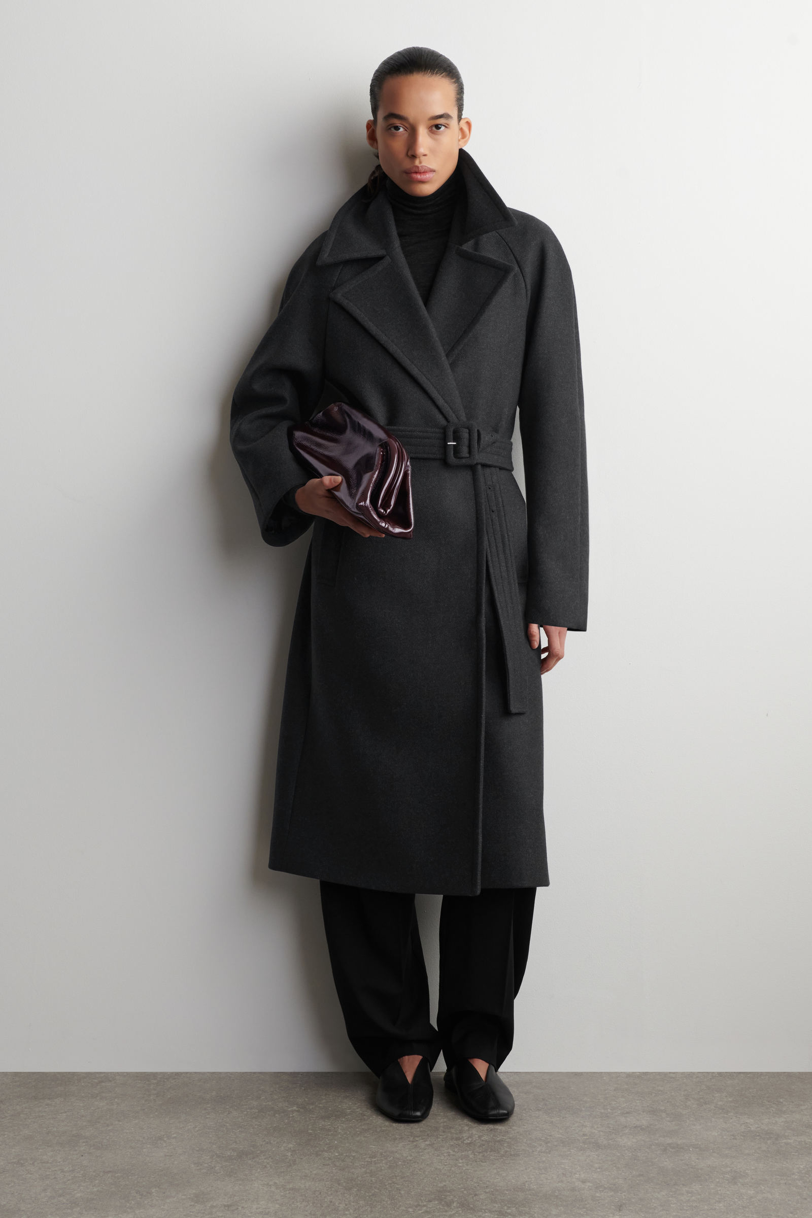 TAILORED BELTED WOOL-TWILL COATCHARCOAL