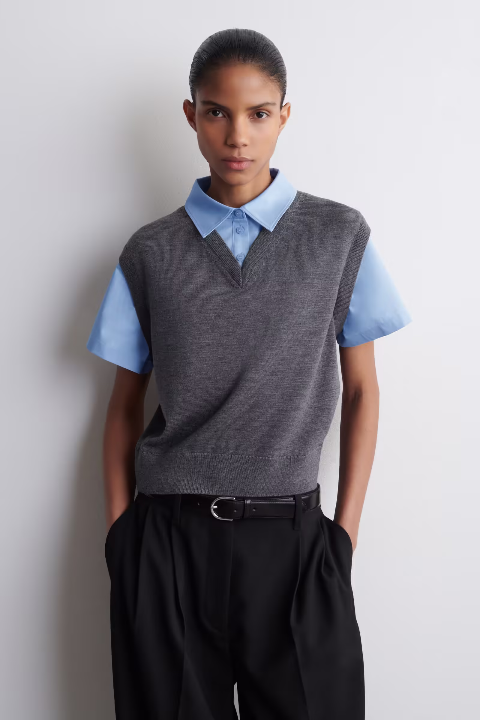 LAYERED MERINO WOOL SHIRT VESTGREY / BLUE