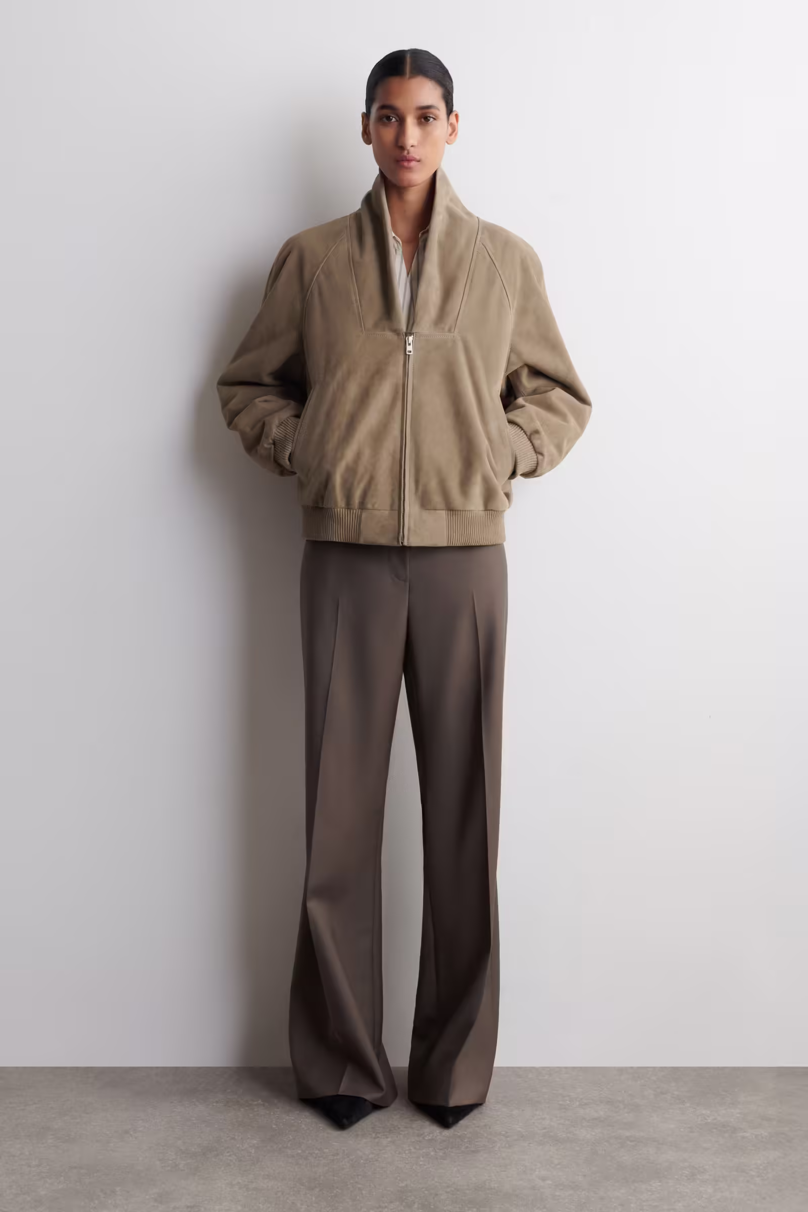 SHAWL-COLLAR SUEDE BOMBER JACKETBEIGE