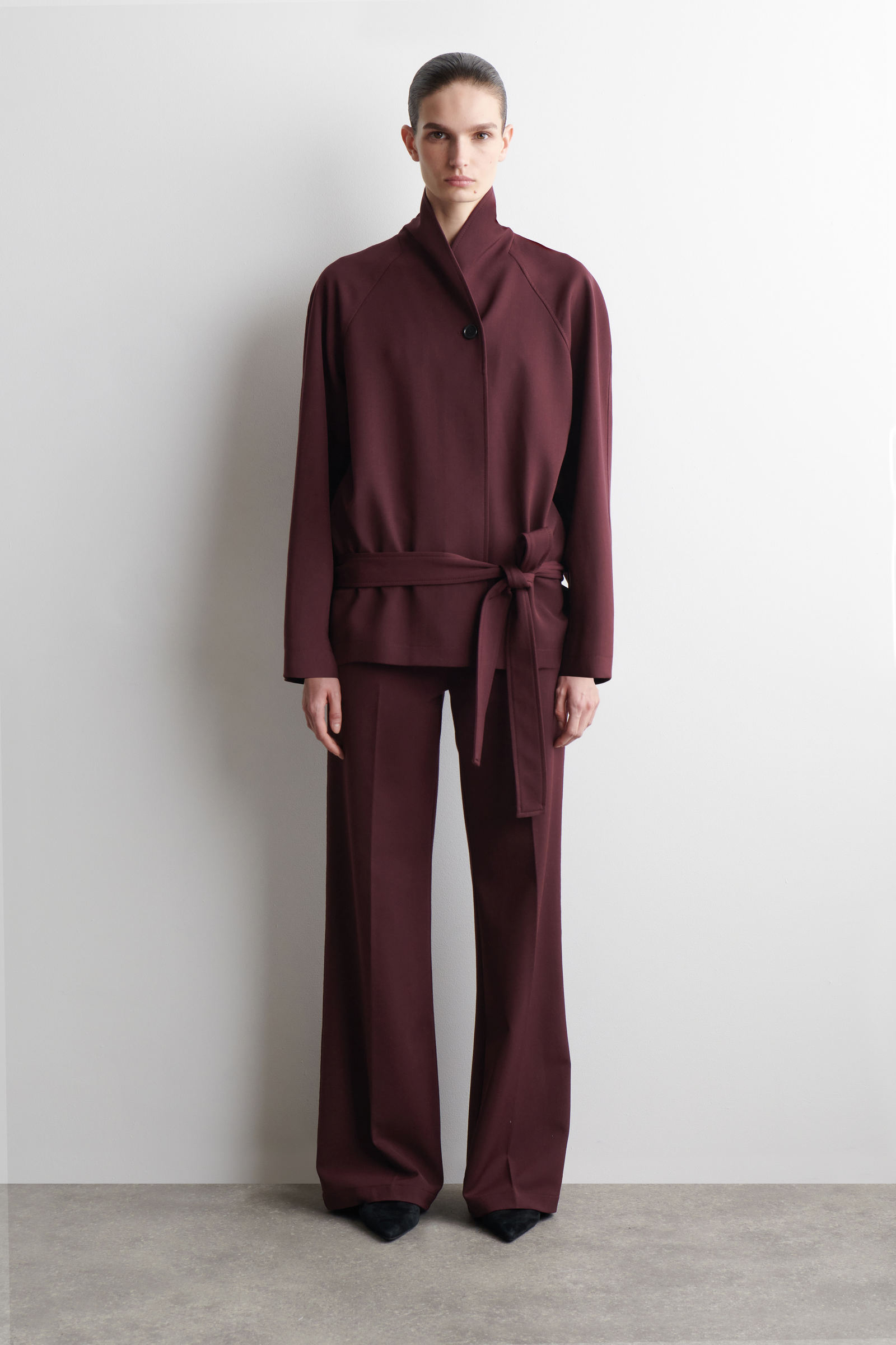 BELTED WOOL-BLEND SHAWL-COLLAR JACKETBURGUNDY