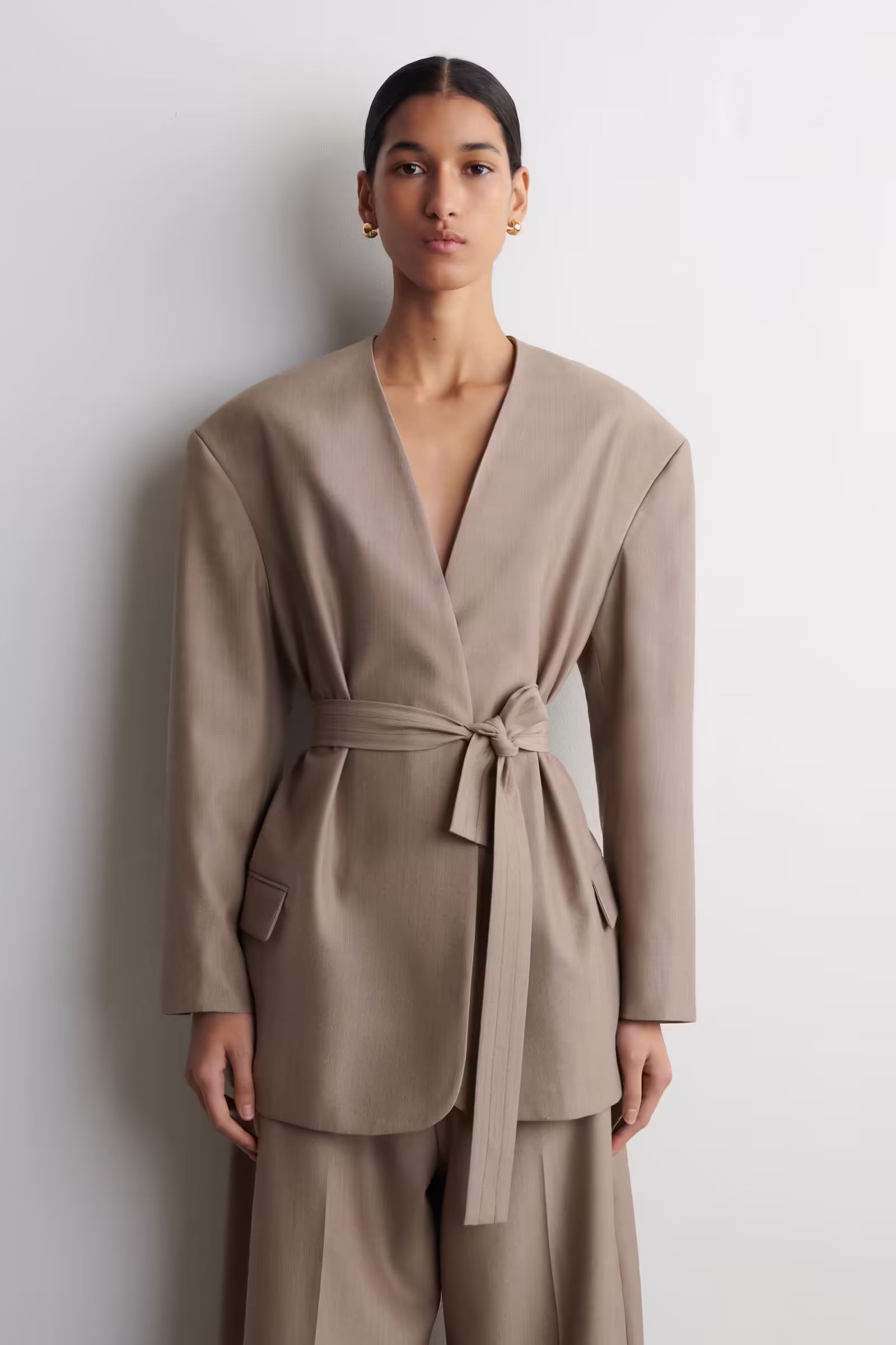 COLLARLESS BELTED BLAZERBEIGE MÉLANGE