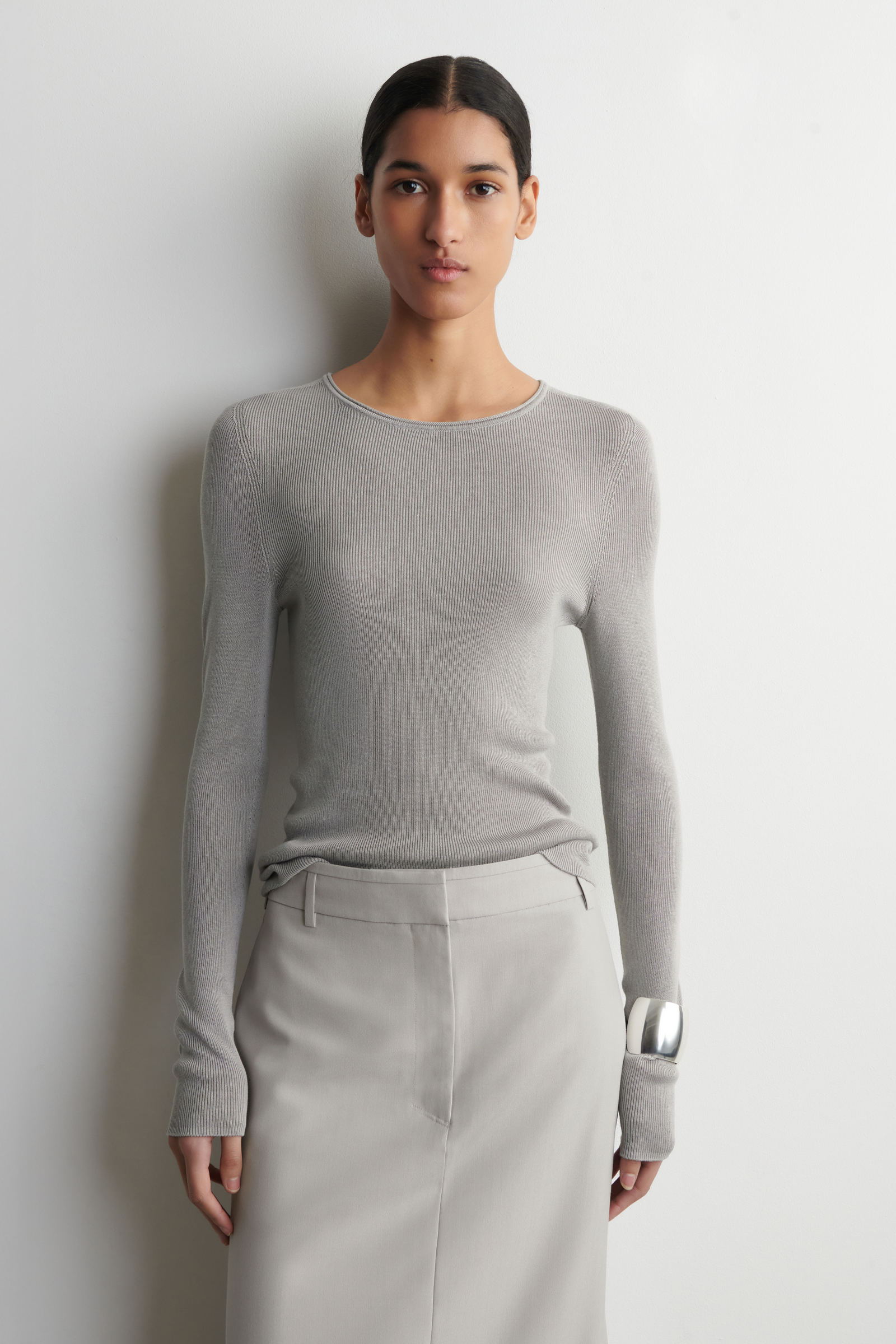 KNITTED SILK-BLEND LONG-SLEEVED TOPLIGHT GREY
