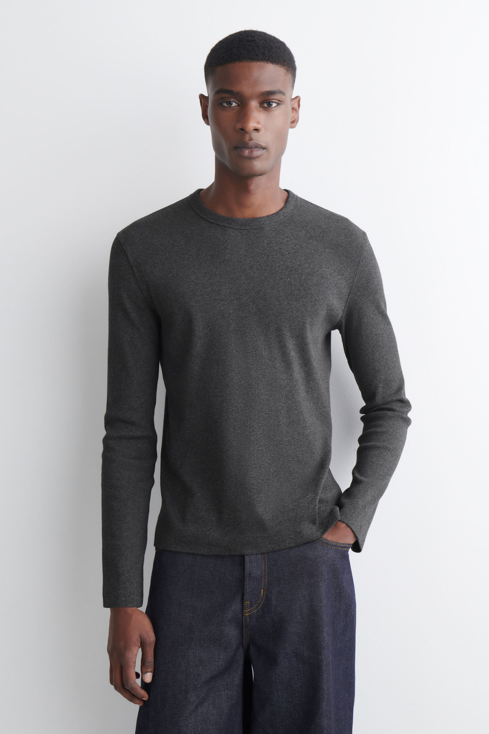 SLIM RIBBED COTTON LONG-SLEEVED T-SHIRTDARK-GREY MÉLANGE