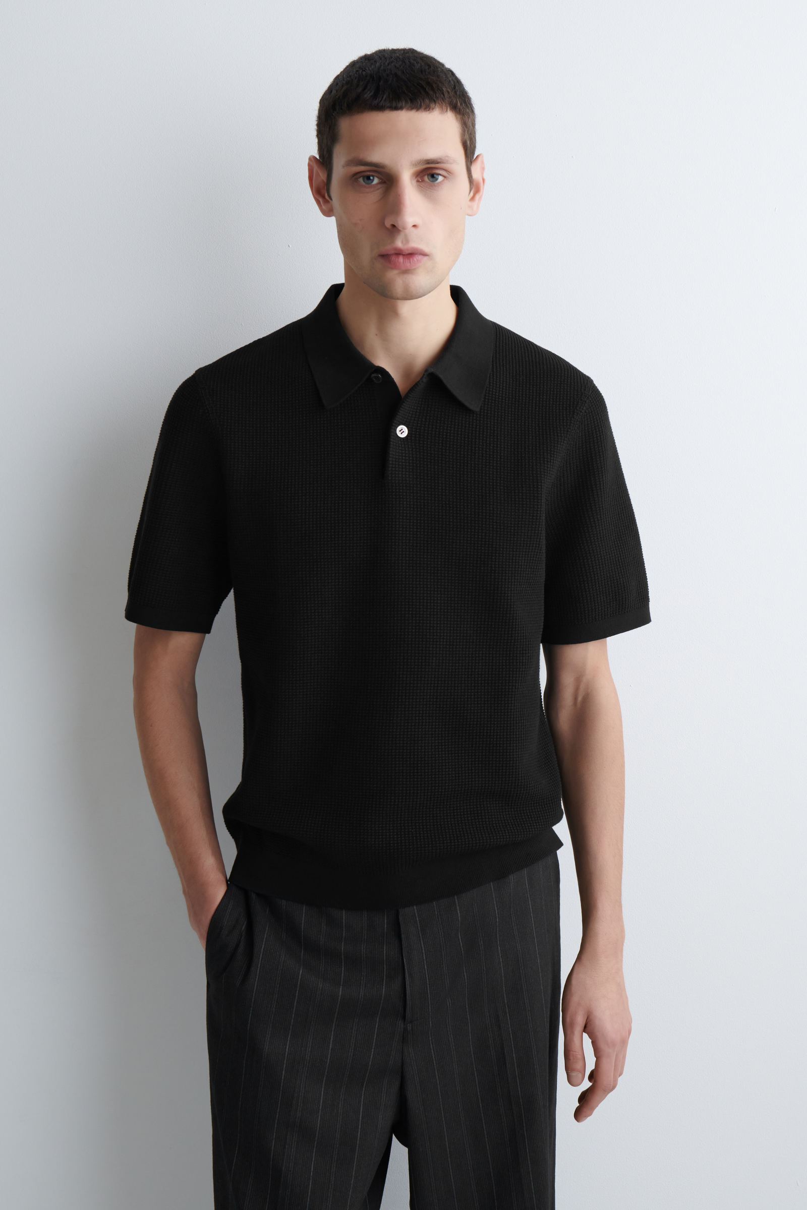 WAFFLE-KNIT COTTON POLO SHIRTBLACK
