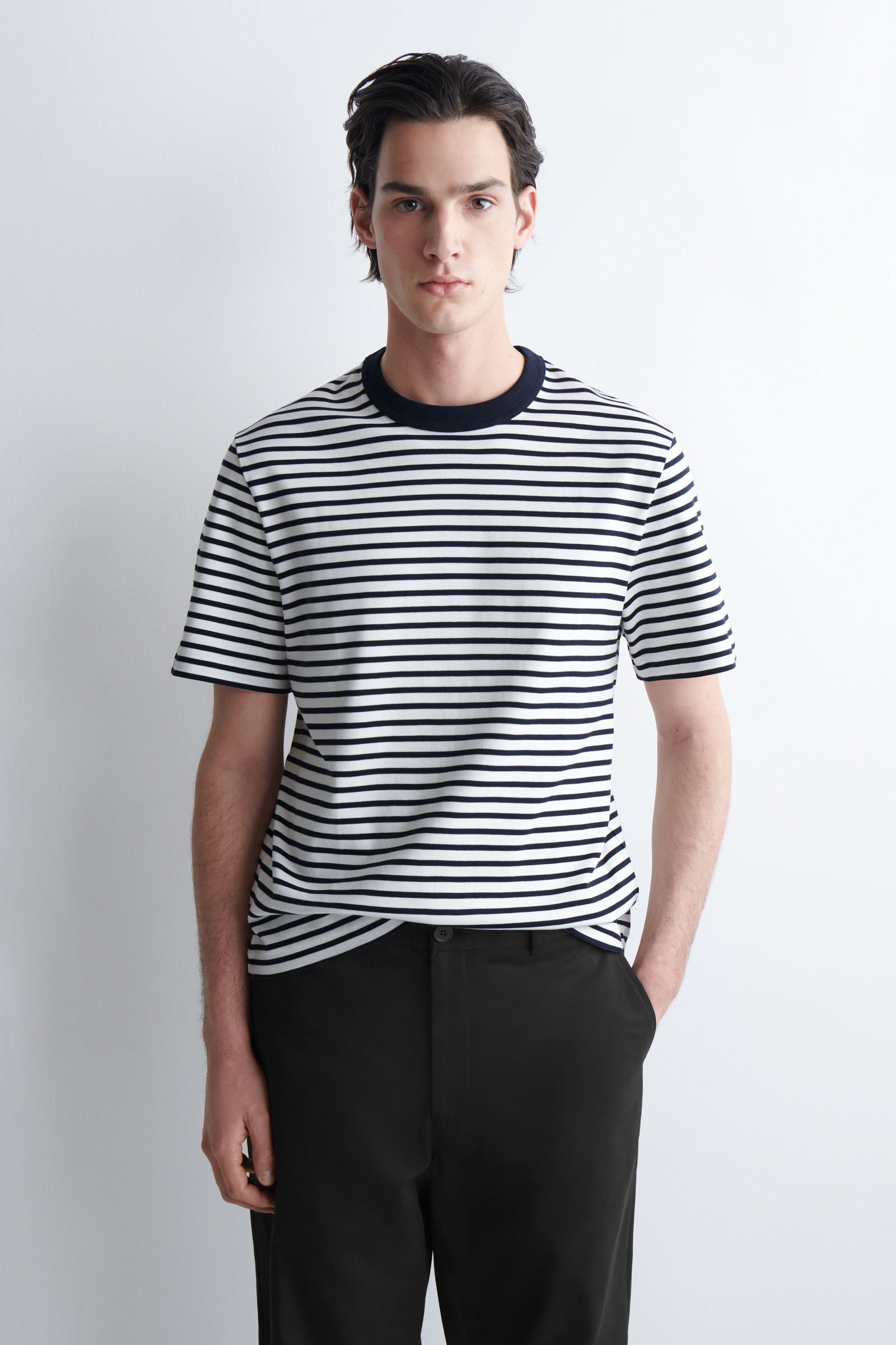 INTERLOCK COTTON CREW-NECK T-SHIRTNAVY / WHITE / STRIPED