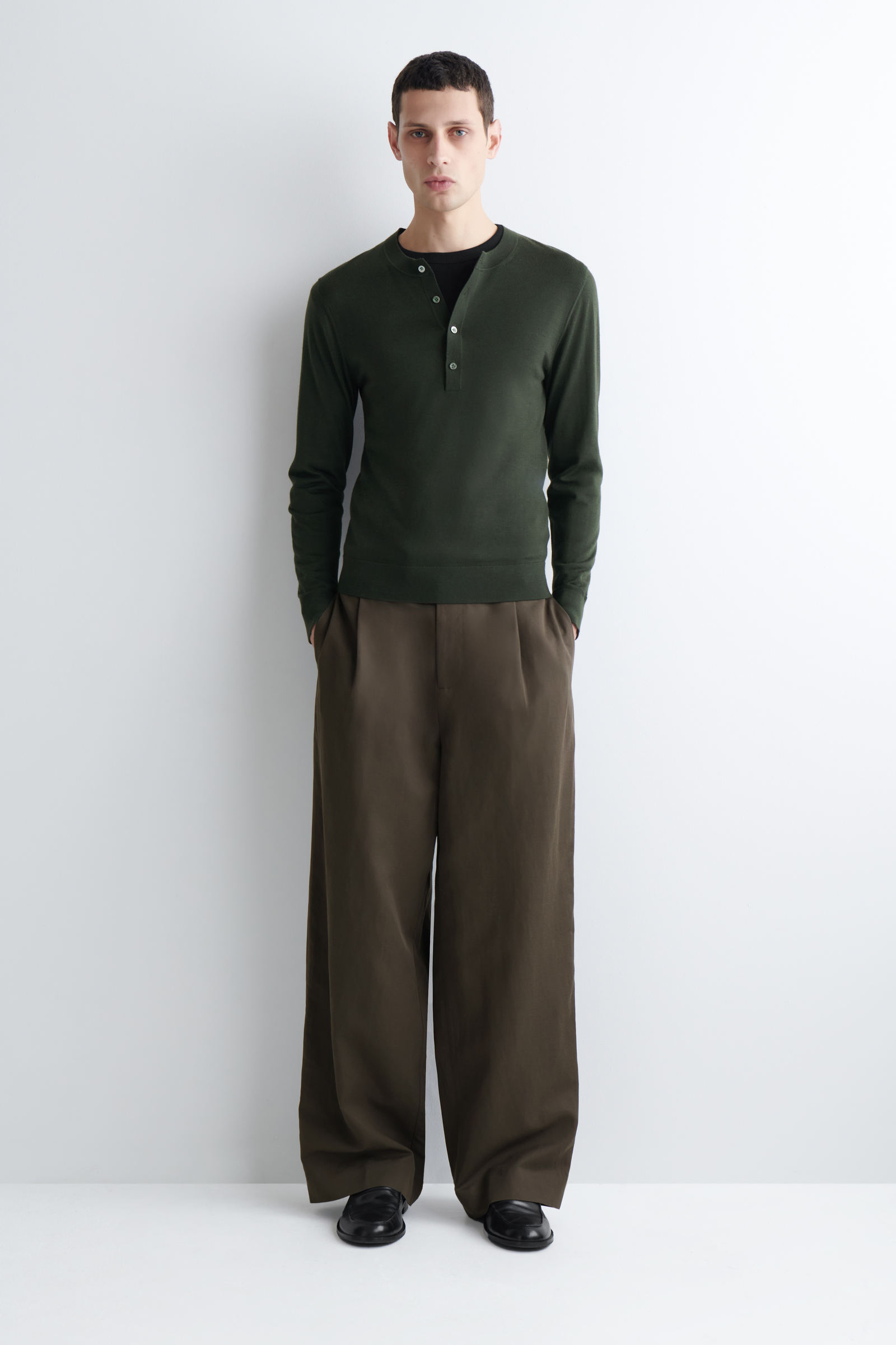 LINEN-BLEND RELAXED-FIT WIDE-LEG TROUSERSDARK BROWN