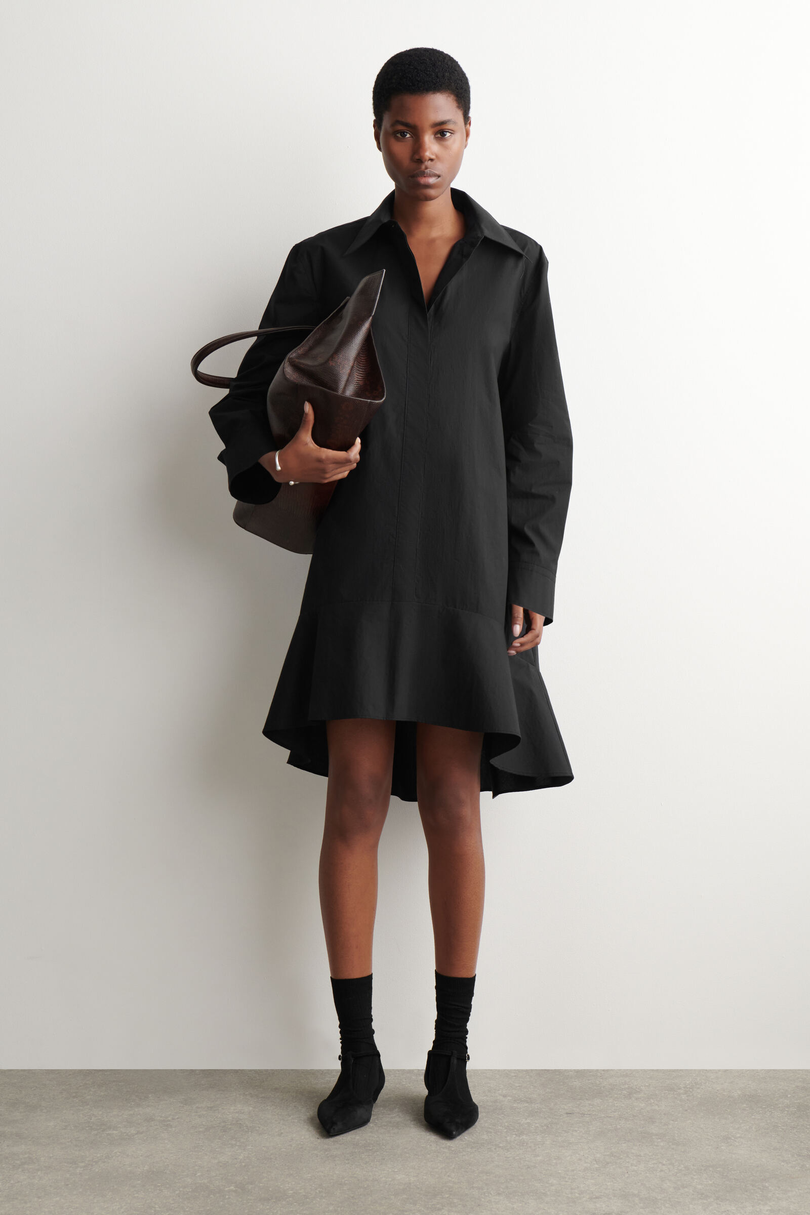 FLARED COTTON MINI SHIRT DRESSBLACK