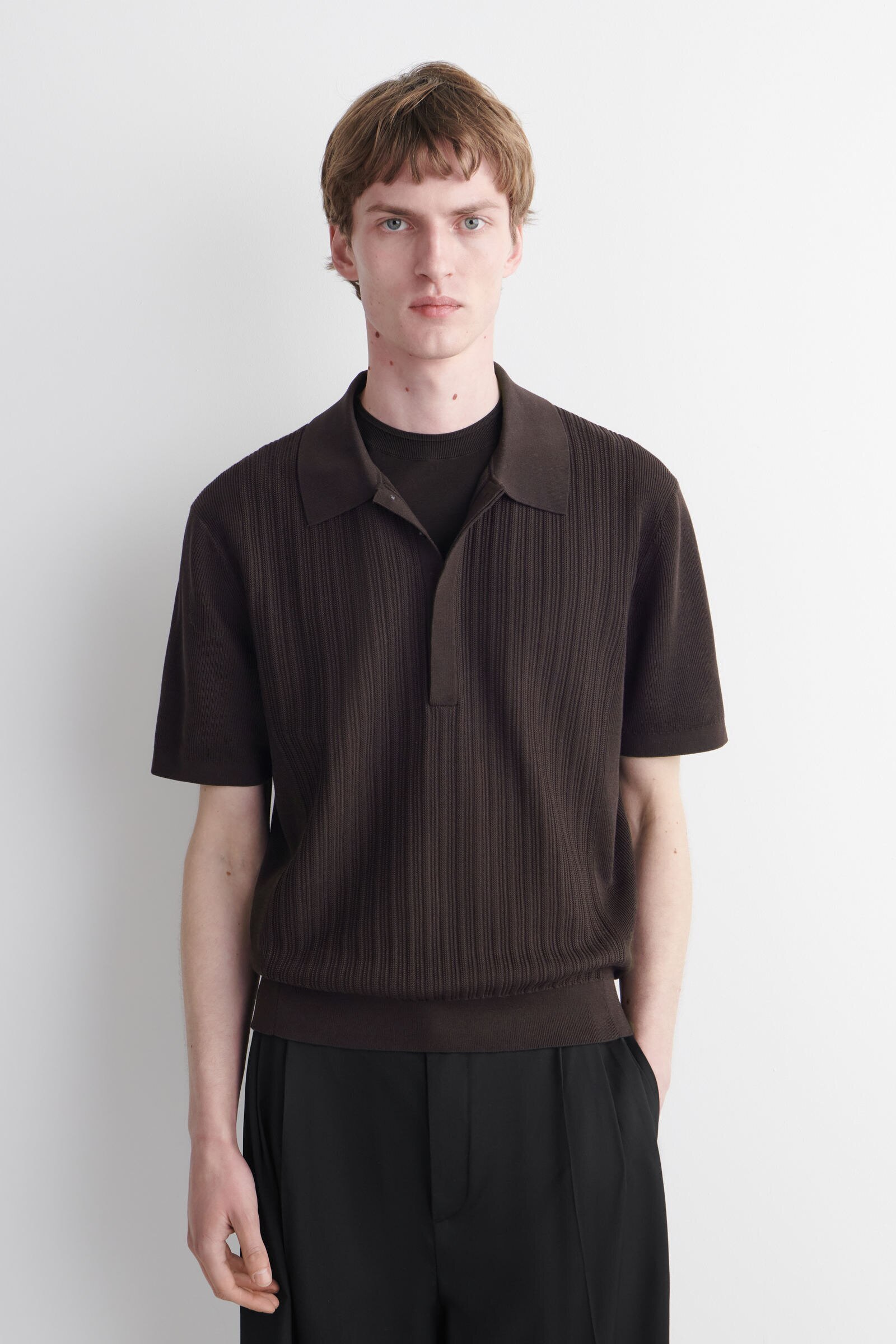 TEXTURED-PANEL COTTON POLO SHIRTDARK BROWN
