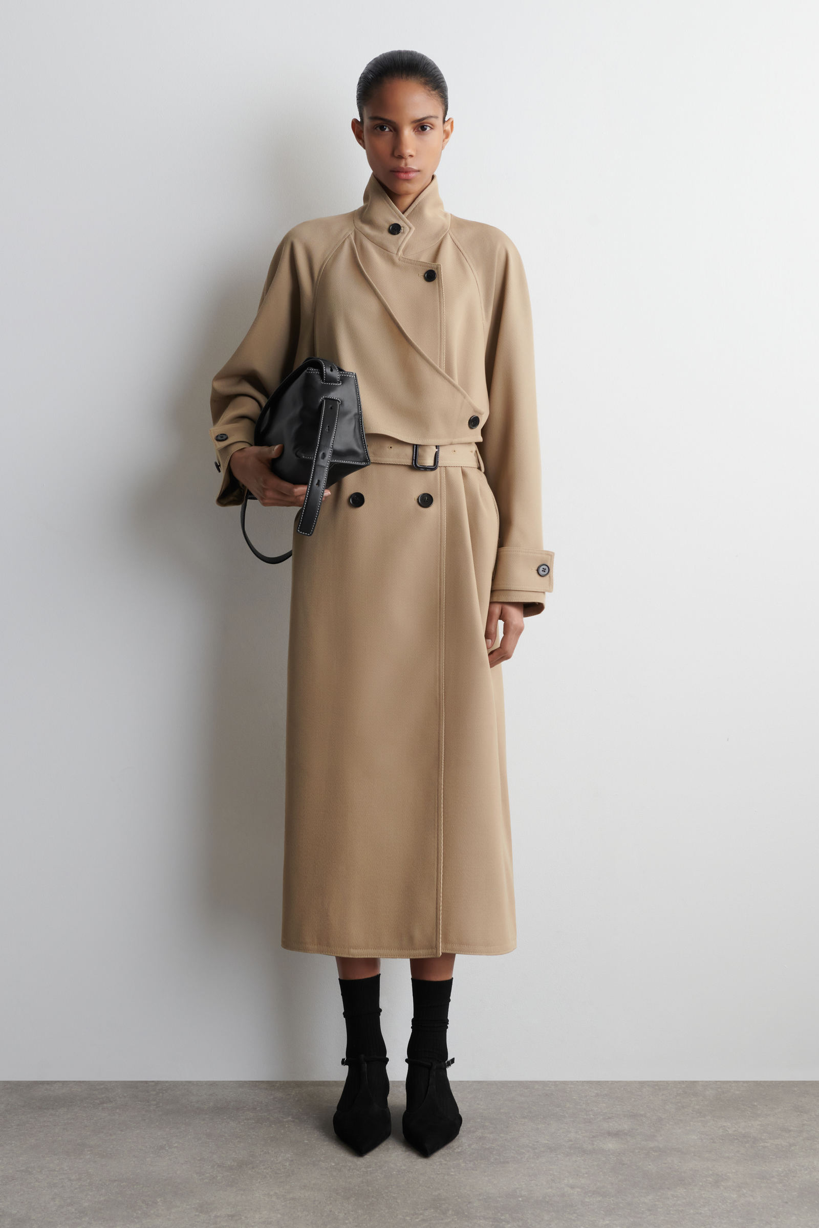 WRAP-OVER WOOL-TWILL TRENCH COATBEIGE