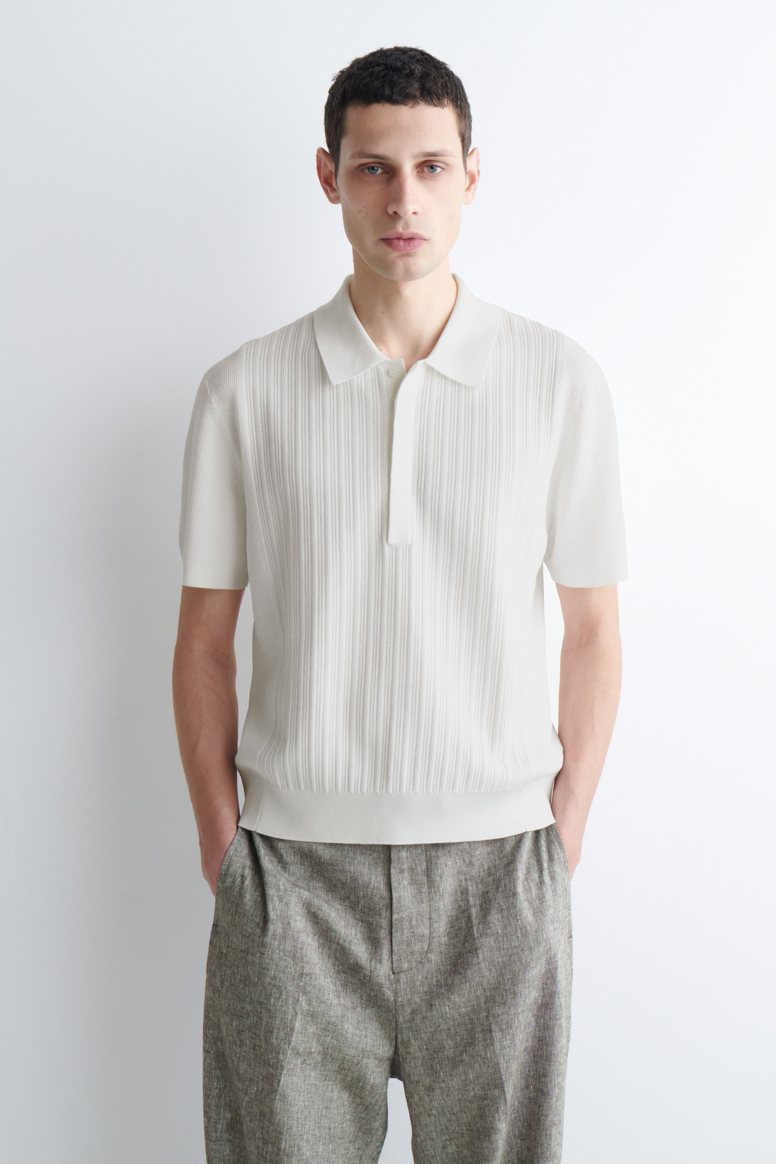 TEXTURED-PANEL COTTON POLO SHIRTWHITE