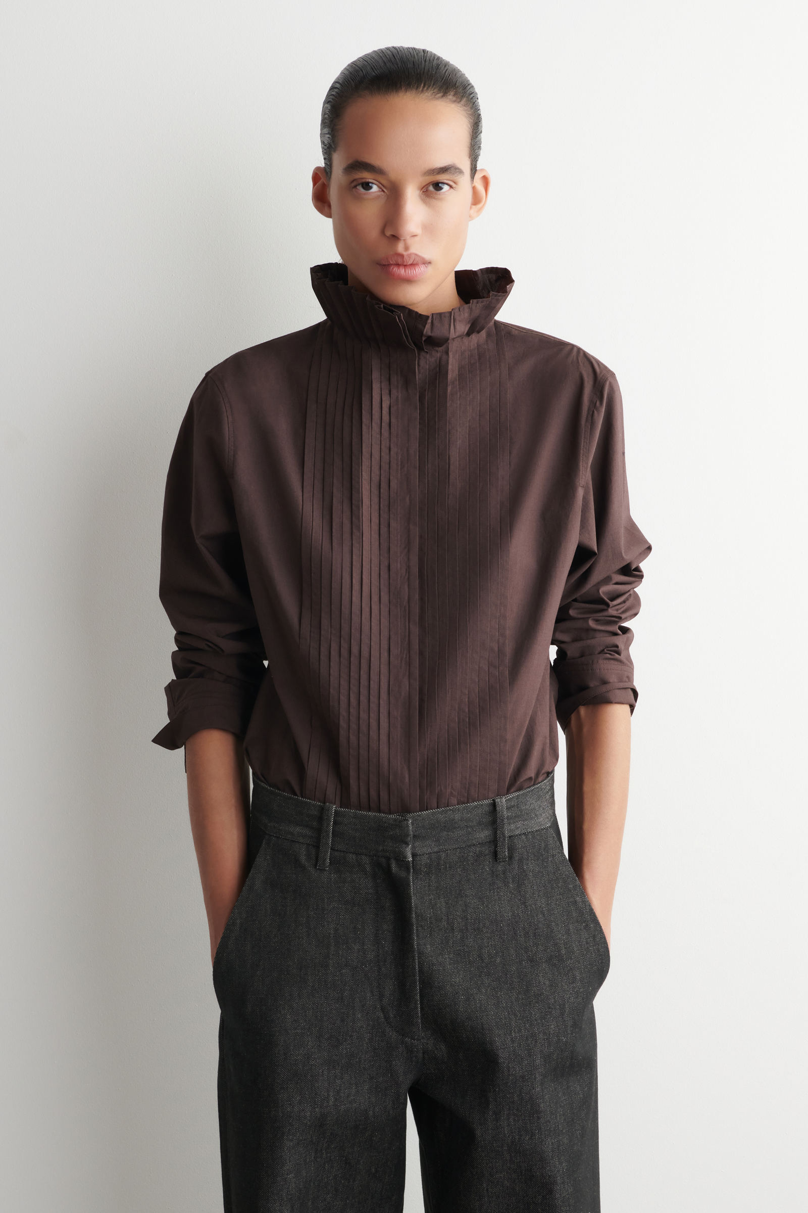 PINTUCKED COTTON BLOUSEBROWN