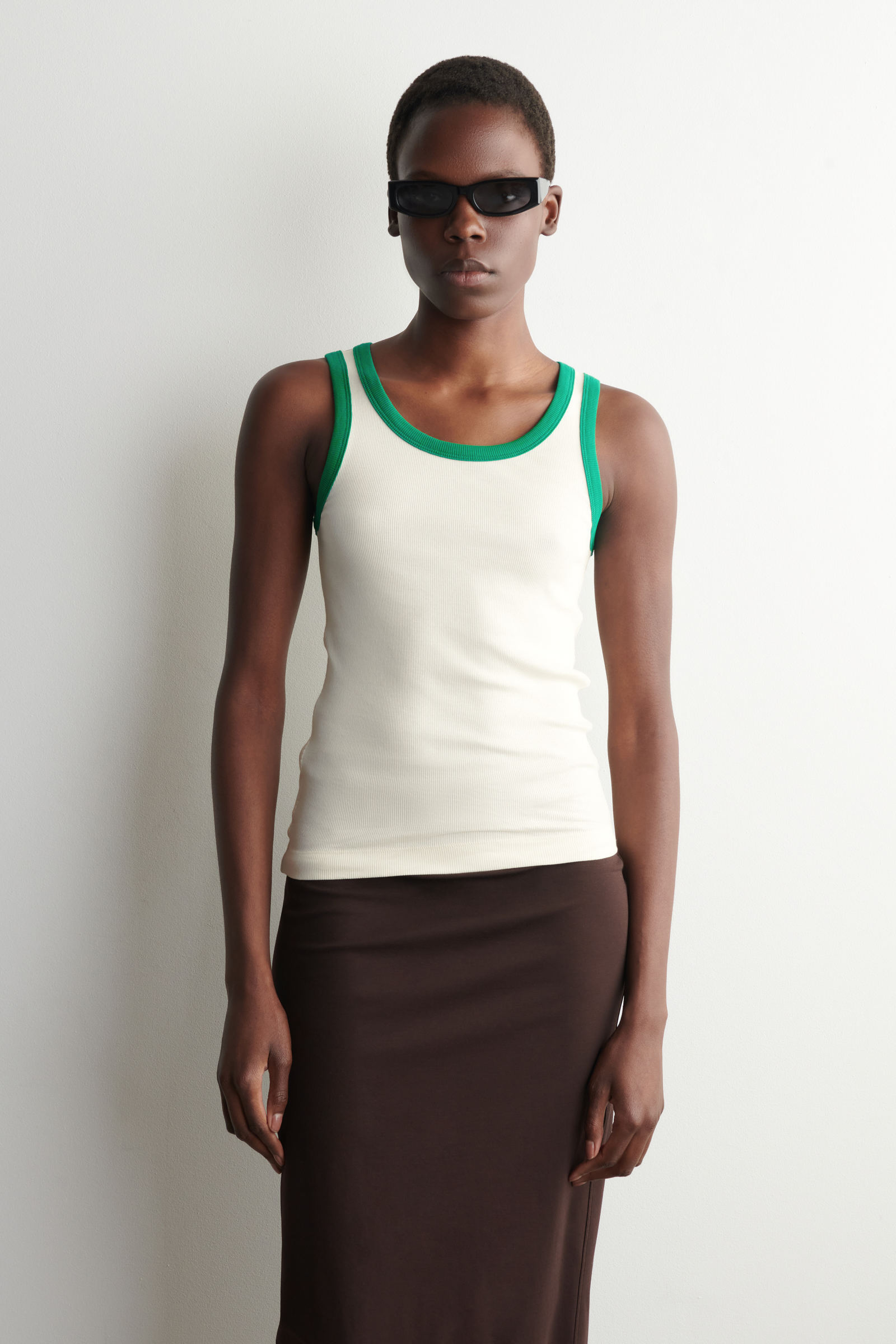 RIBBED COTTON TANK TOPWHITE / GREEN