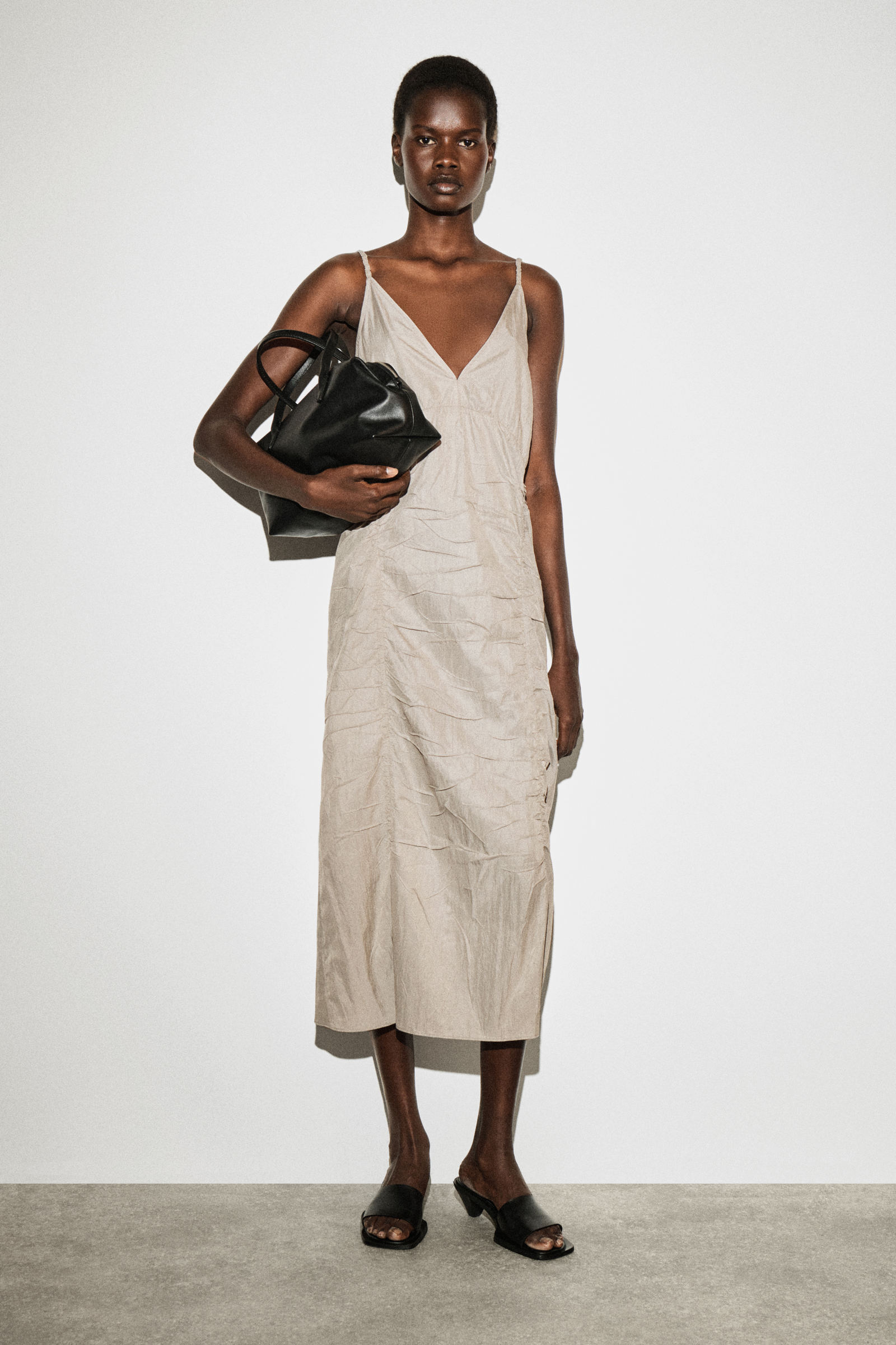 GATHERED SILK-NYLON SLIP DRESSBEIGE