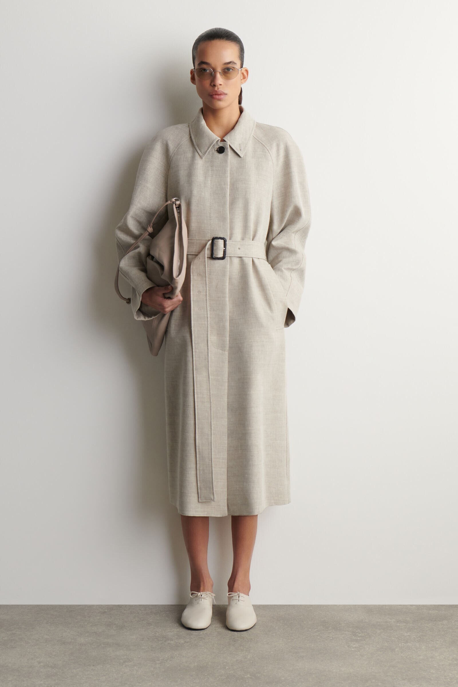 LINEN-WOOL LONG TRENCH COATSTONE MÉLANGE