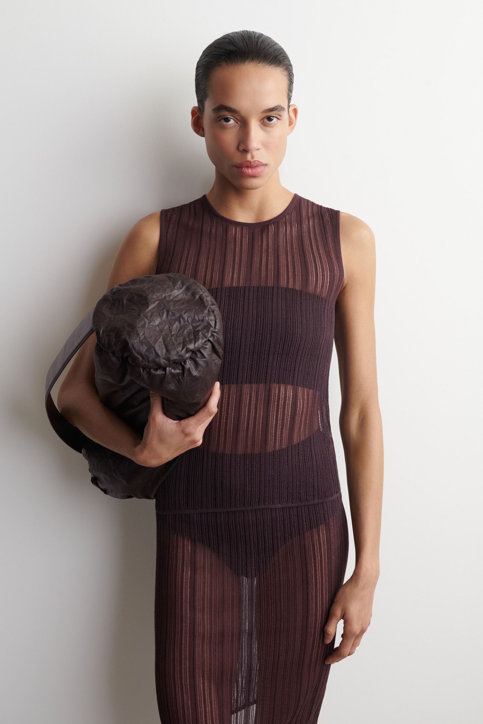 SHEER LACE-KNIT TANK TOPBITTER CHOCOLATE