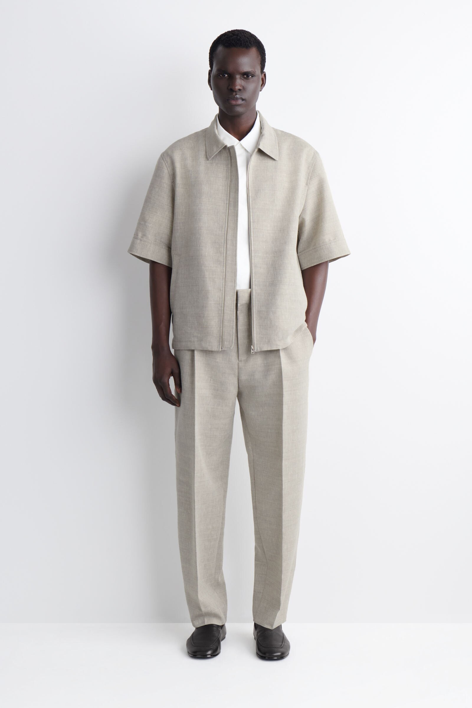 LINEN-WOOL RELAXED-FIT BARREL-LEG TROUSERSSTONE MÉLANGE