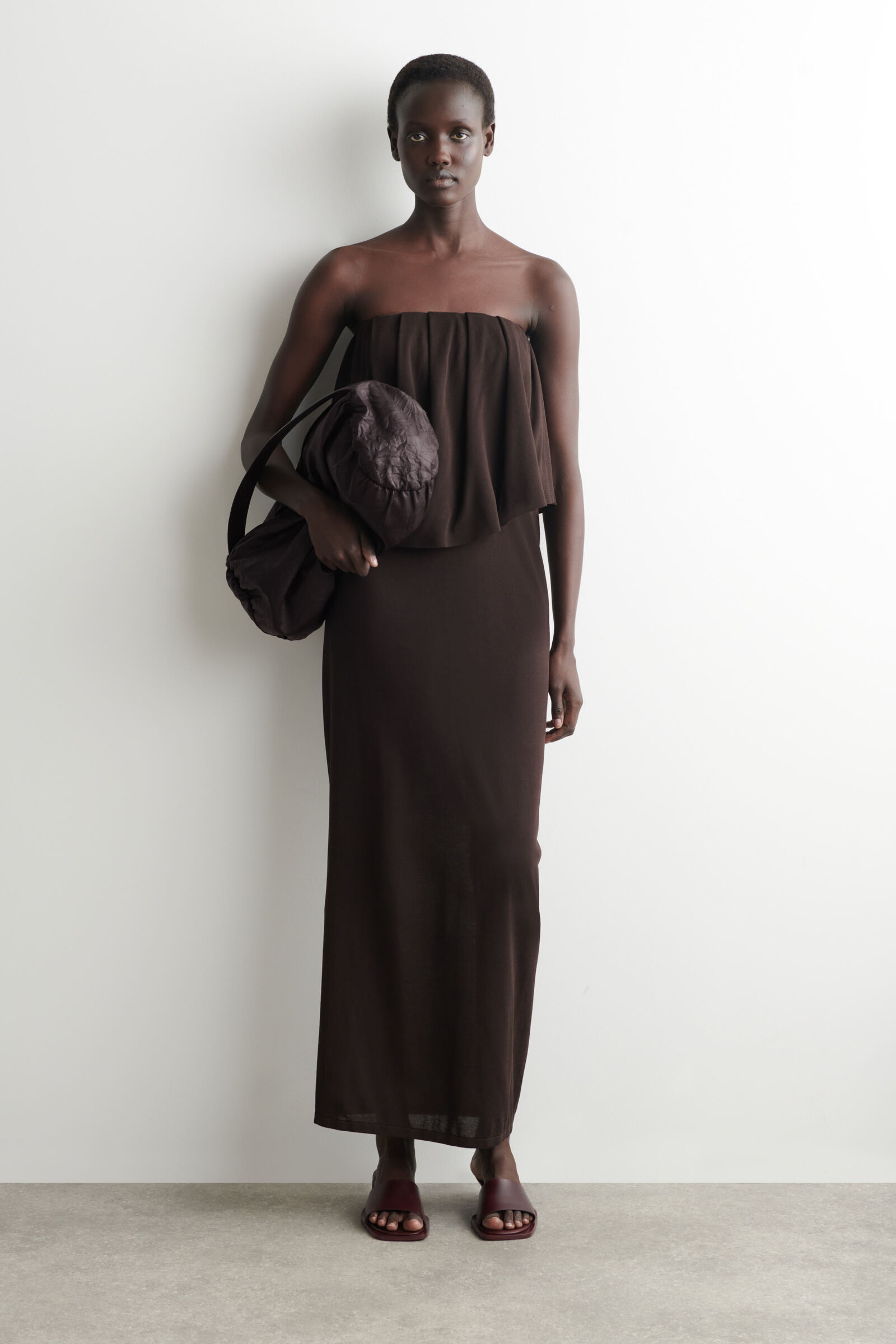 LAYERED SHEER-KNIT BANDEAU MAXI DRESSBITTER CHOCOLATE