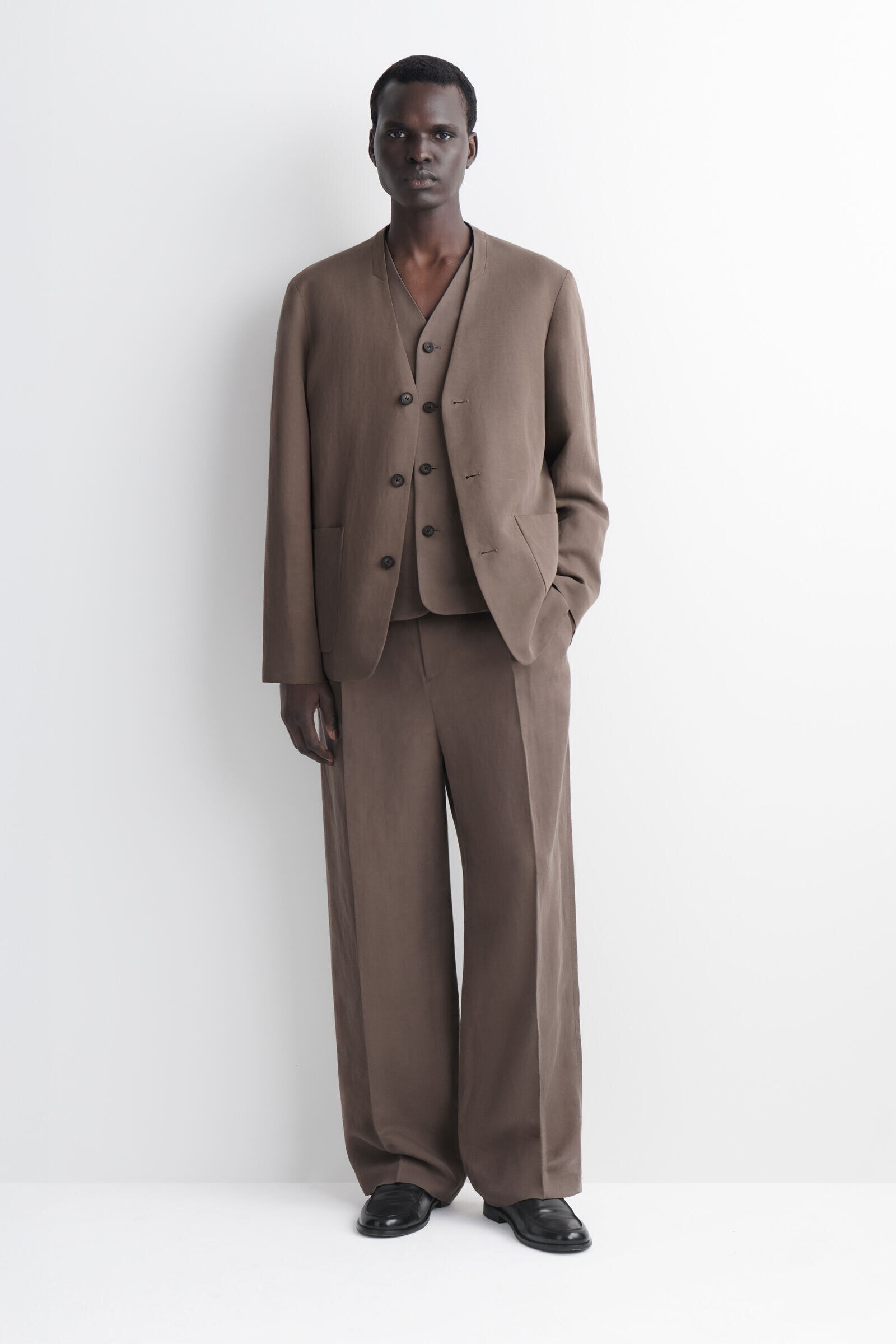 LINEN-BLEND RELAXED-FIT WIDE-LEG TROUSERSBROWN