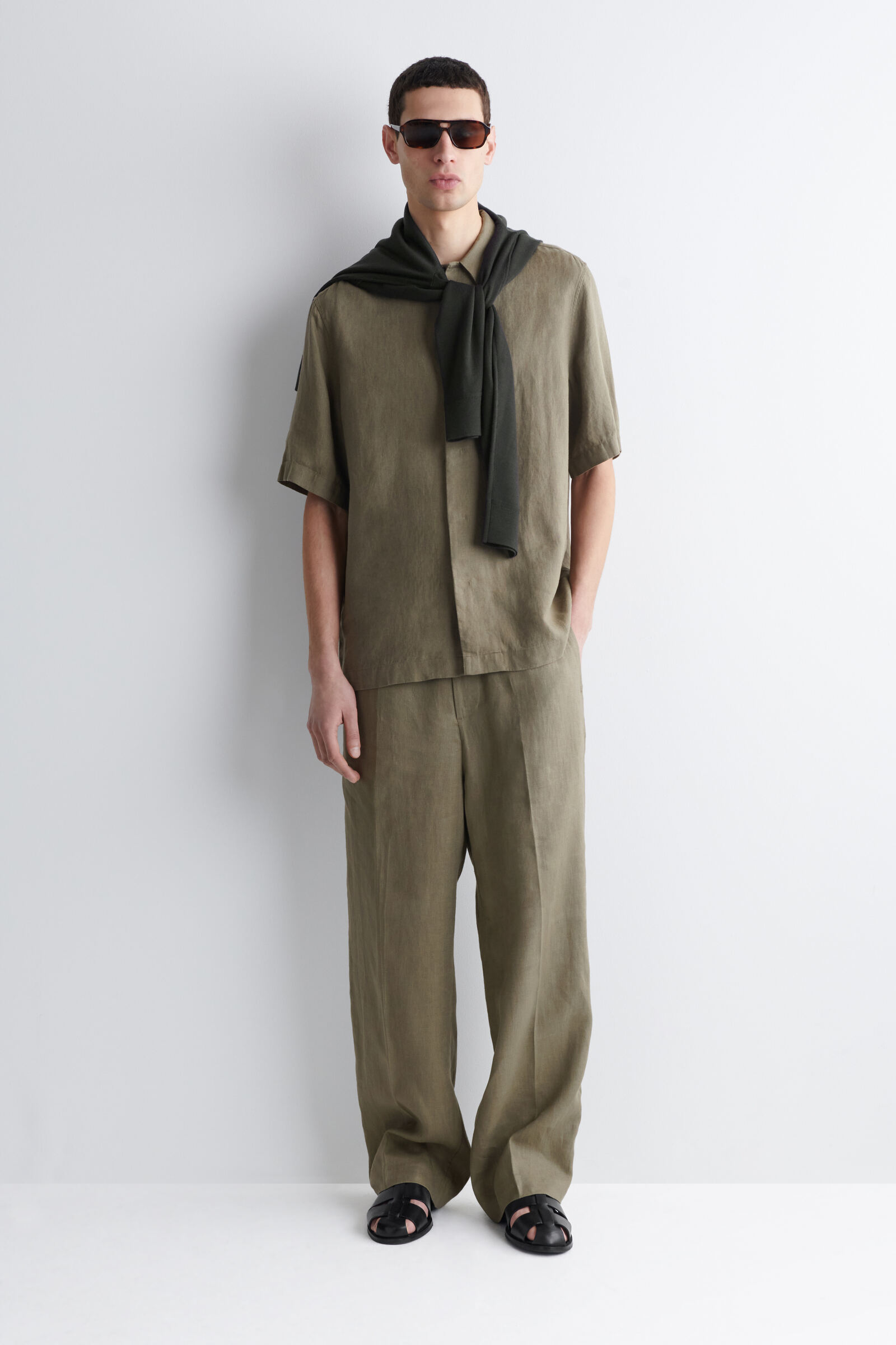 LINEN RELAXED-FIT STRAIGHT-LEG TROUSERSKHAKI