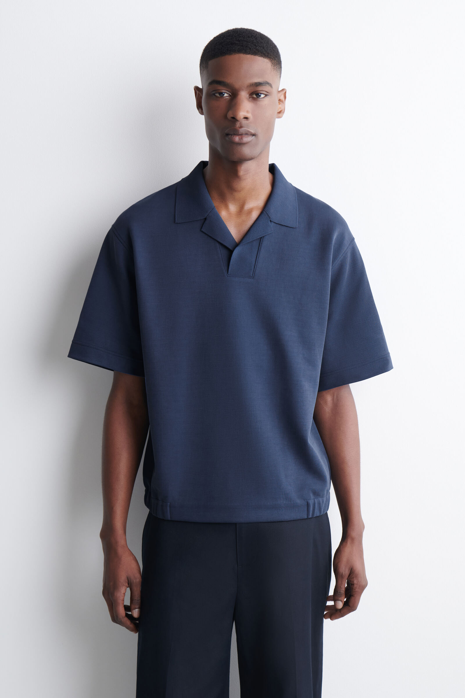 JERSEY-BONDED COTTON-TWILL POLO SHIRTNAVY