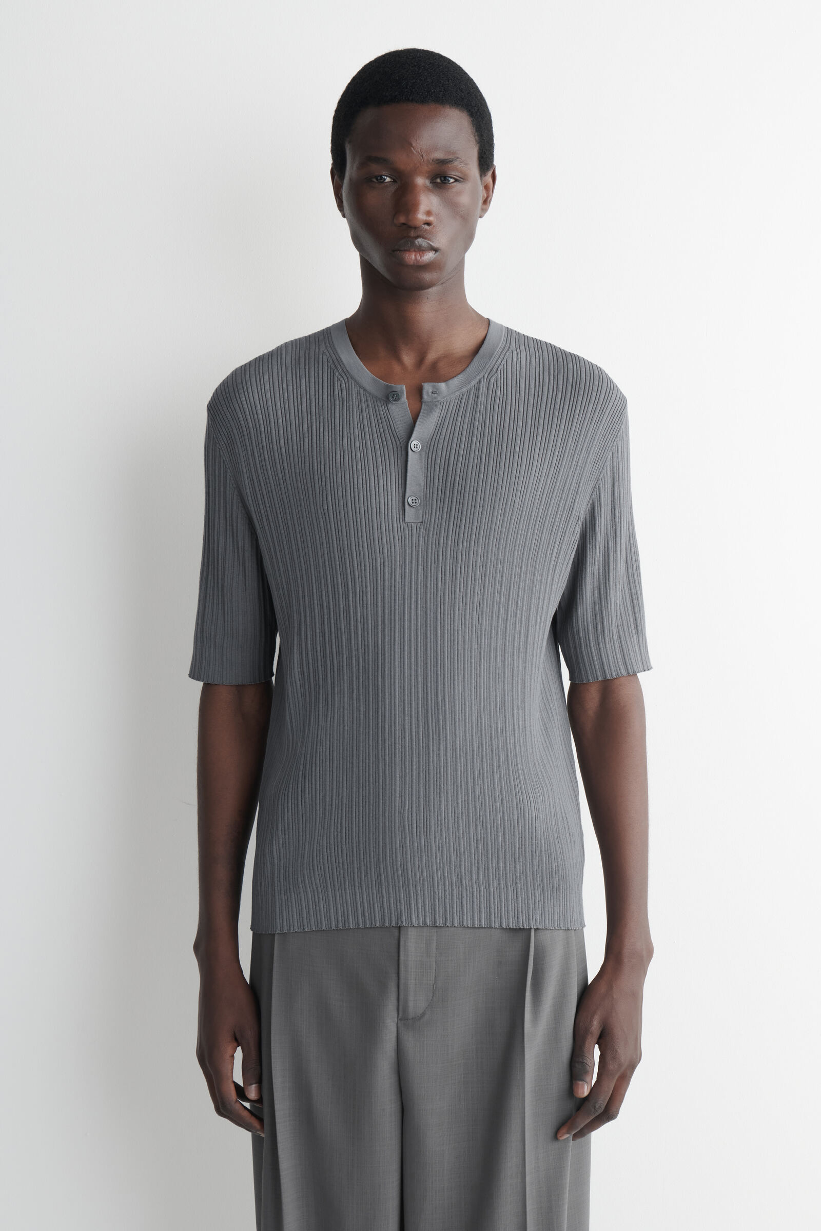 SILK-COTTON HENLEY T-SHIRTSLATE