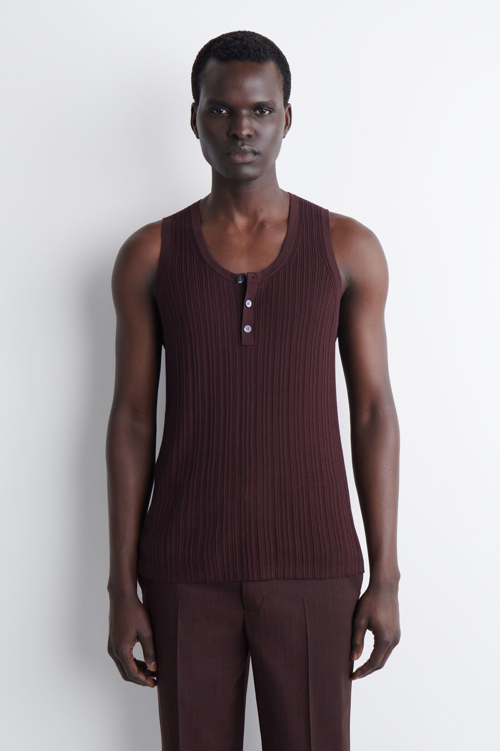 SILK-COTTON HENLEY TANK TOPBORDEAUX