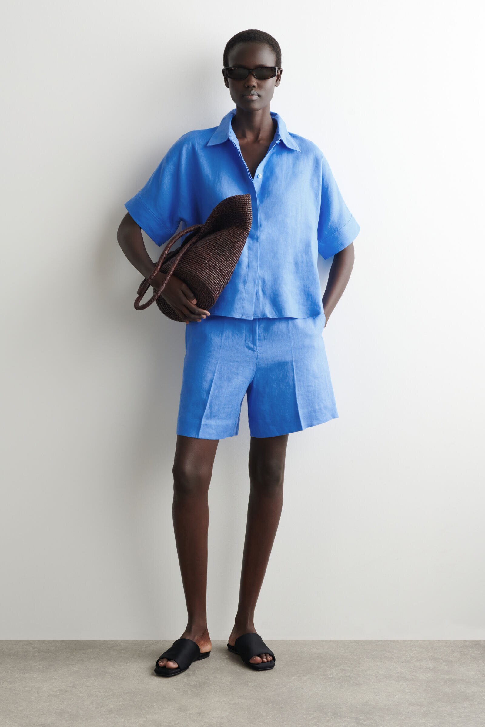 TAILORED ELASTICATED LINEN SHORTSBLUE
