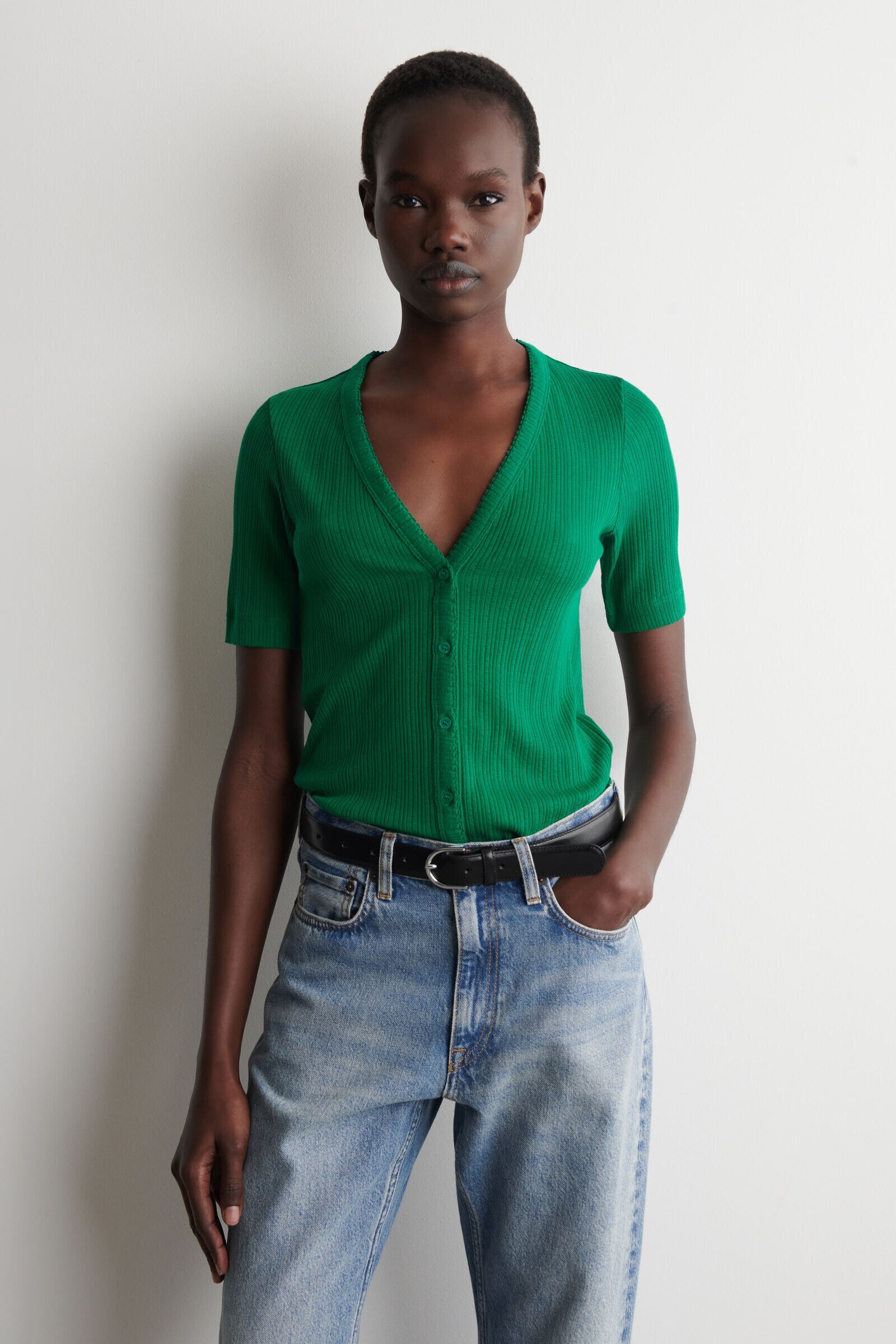POINTELLE-KNIT SHORT-SLEEVED CARDIGANGREEN
