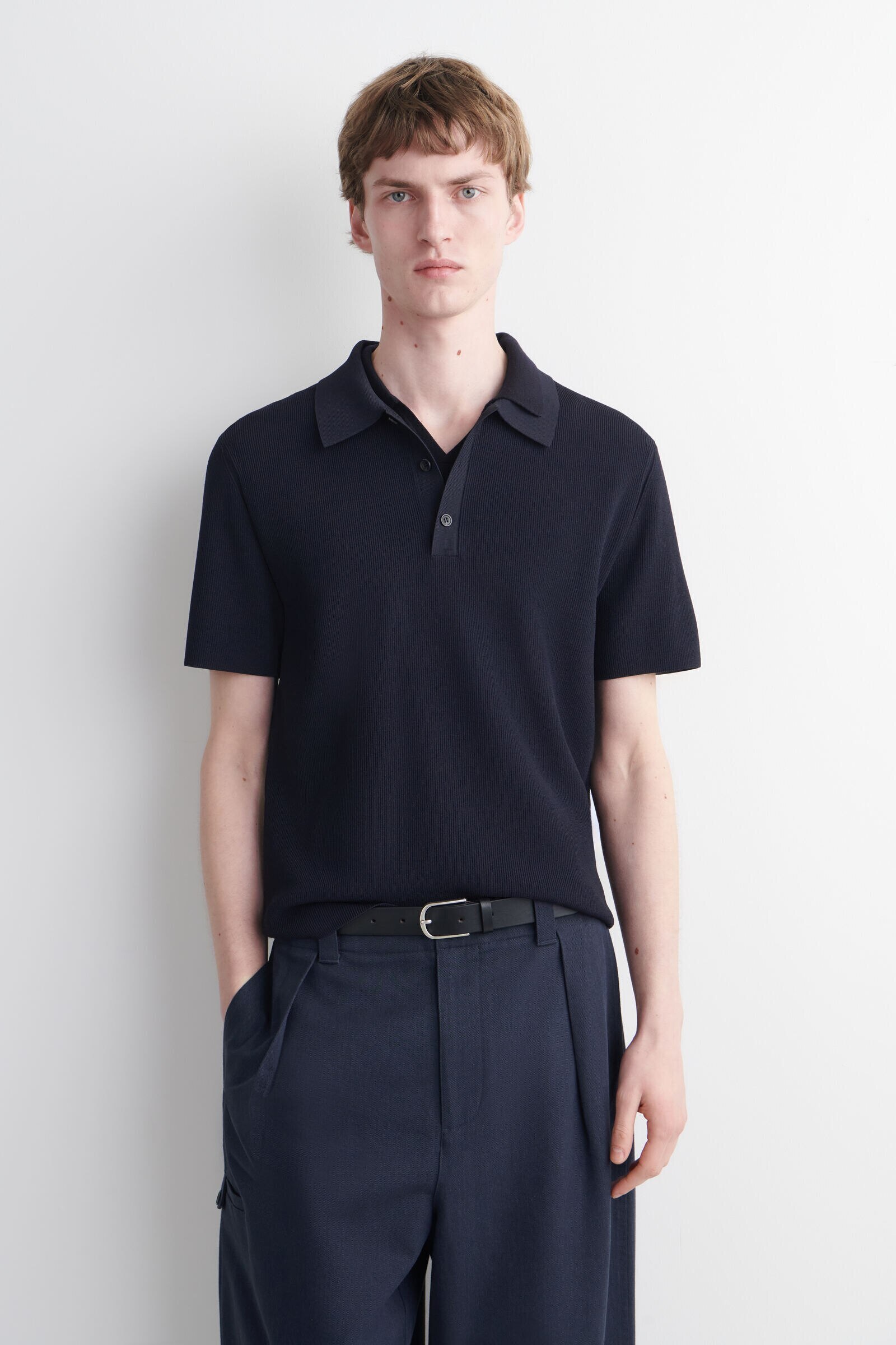 SLIM RIBBED BOUCLÉ-KNIT POLO SHIRTNAVY