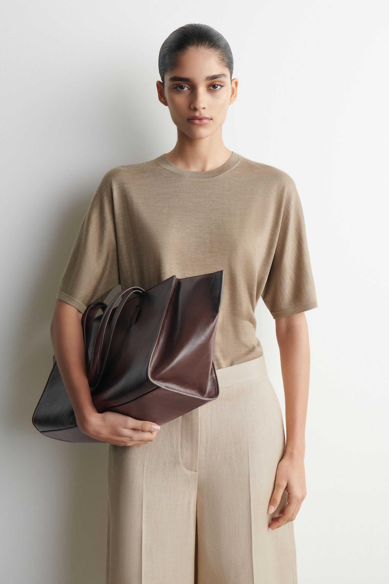 KNITTED MERINO WOOL T-SHIRTLIGHT-BROWN MÉLANGE