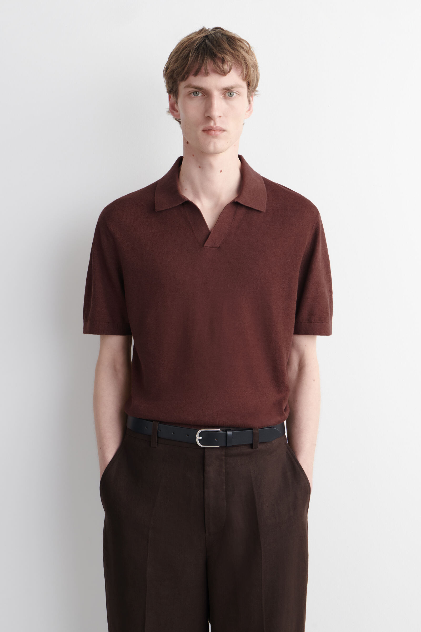 KNITTED LINEN POLO SHIRTBROWN