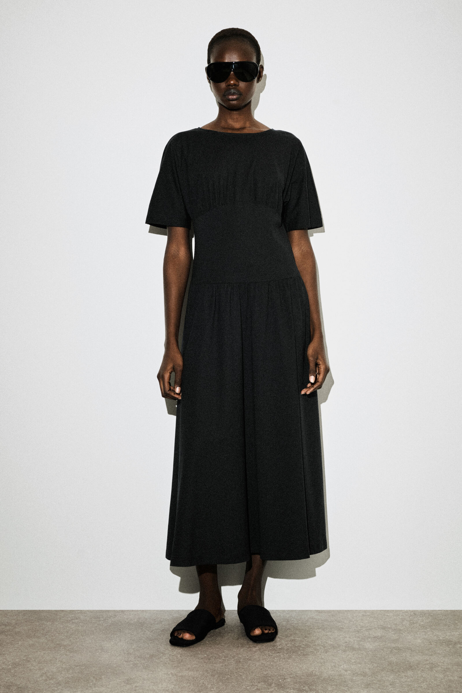 WAISTED COTTON MIDI DRESSBLACK