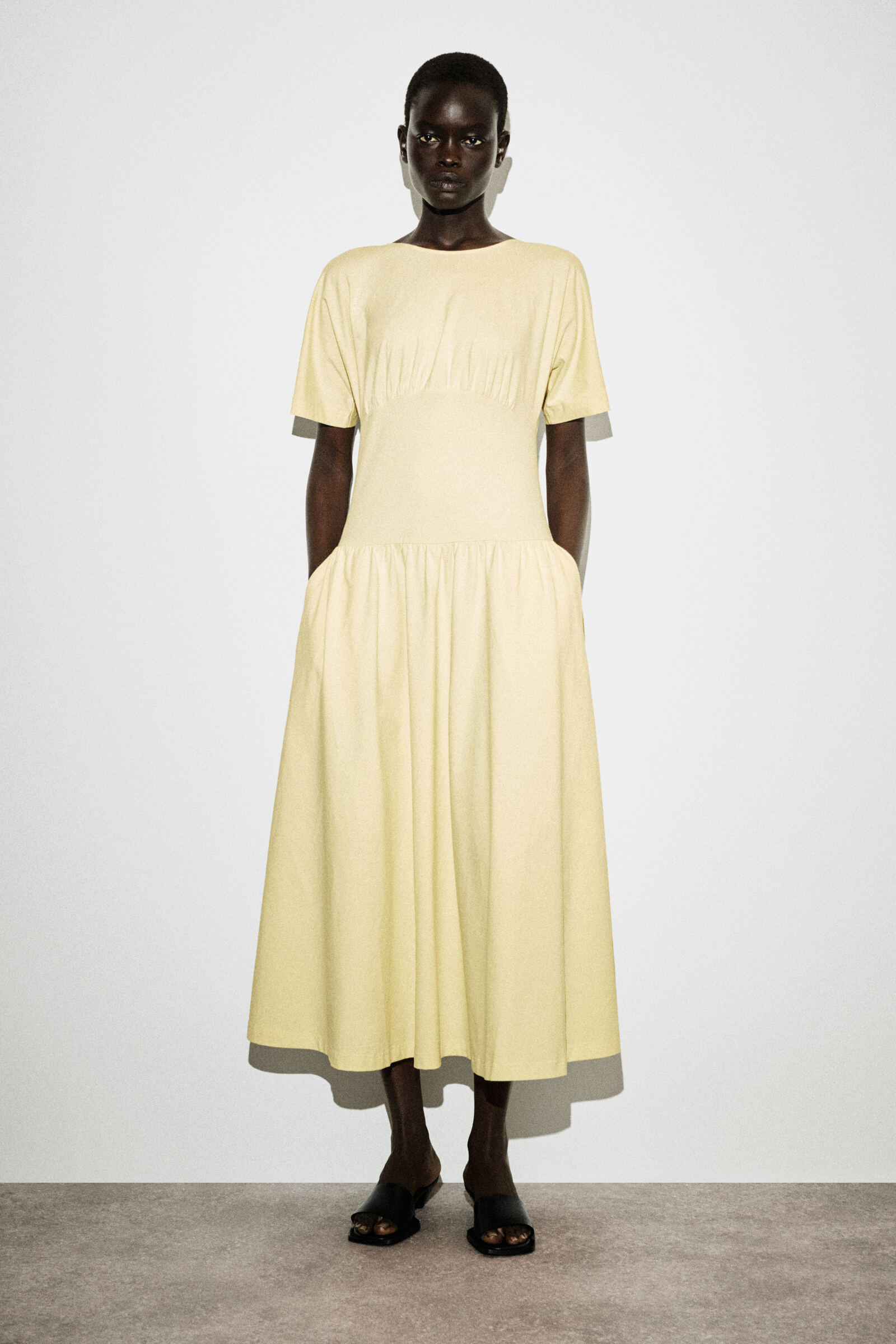 WAISTED COTTON MIDI DRESSBUTTER YELLOW