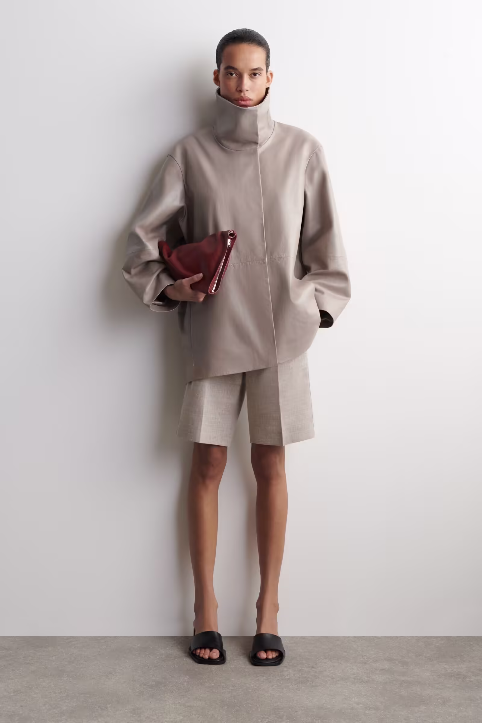 OVERSIZED LEATHER FUNNEL-NECK BOMBER JACKETWHEAT
