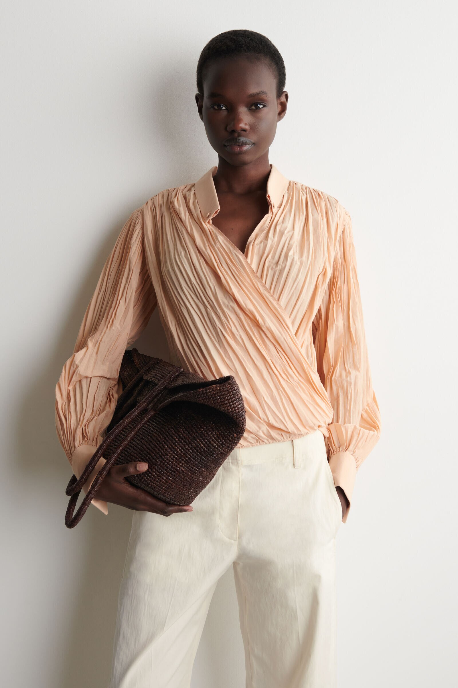 CRINKLED WRAP-OVER BLOUSEBEIGE