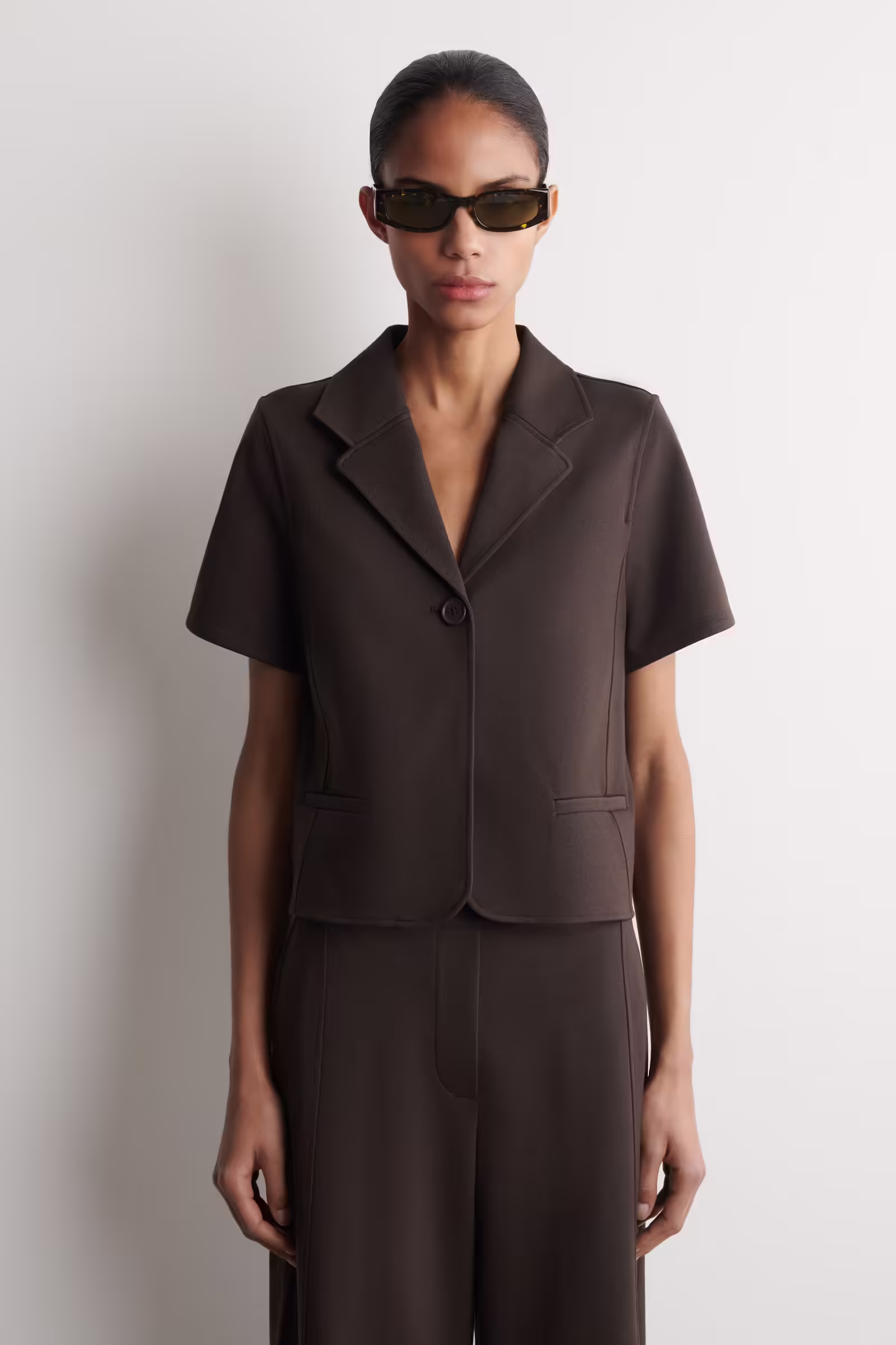 TWILL-JERSEY SHORT-SLEEVED BLAZERDARK BROWN