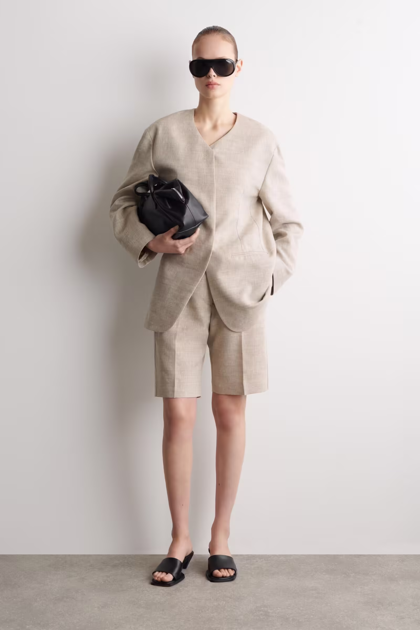 STRUCTURED COLLARLESS LINEN BLAZERBEIGE MÉLANGE