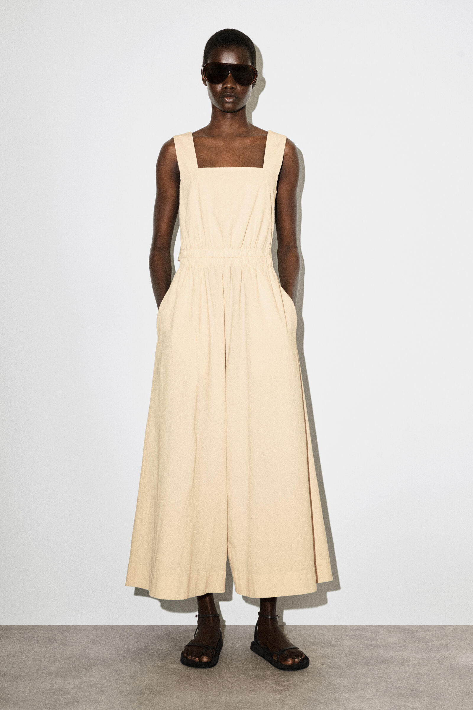 OPEN-BACK SEERSUCKER WIDE-LEG JUMPSUITECRU