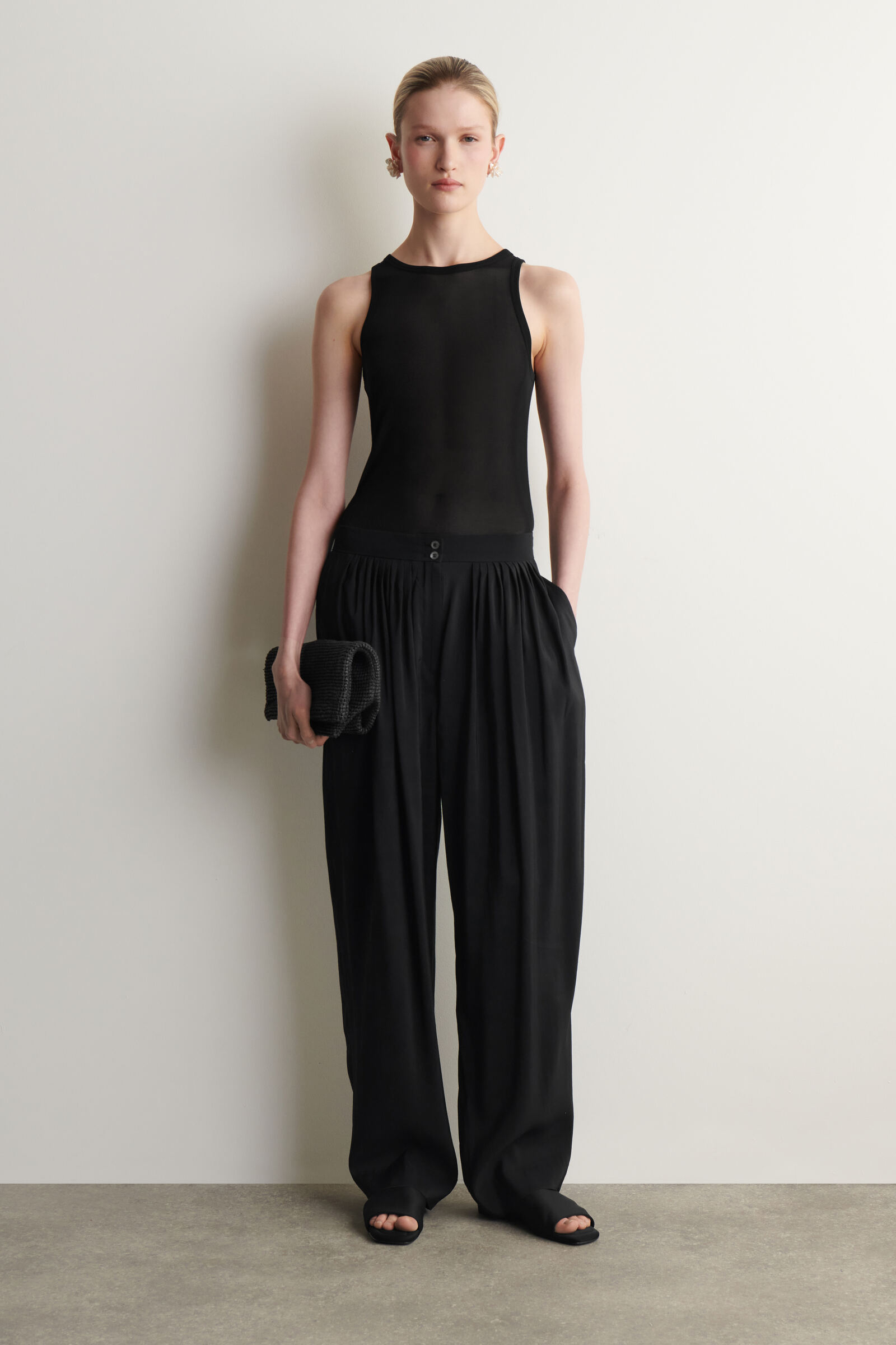 DRAPED PLEATED STRAIGHT-LEG TROUSERSBLACK