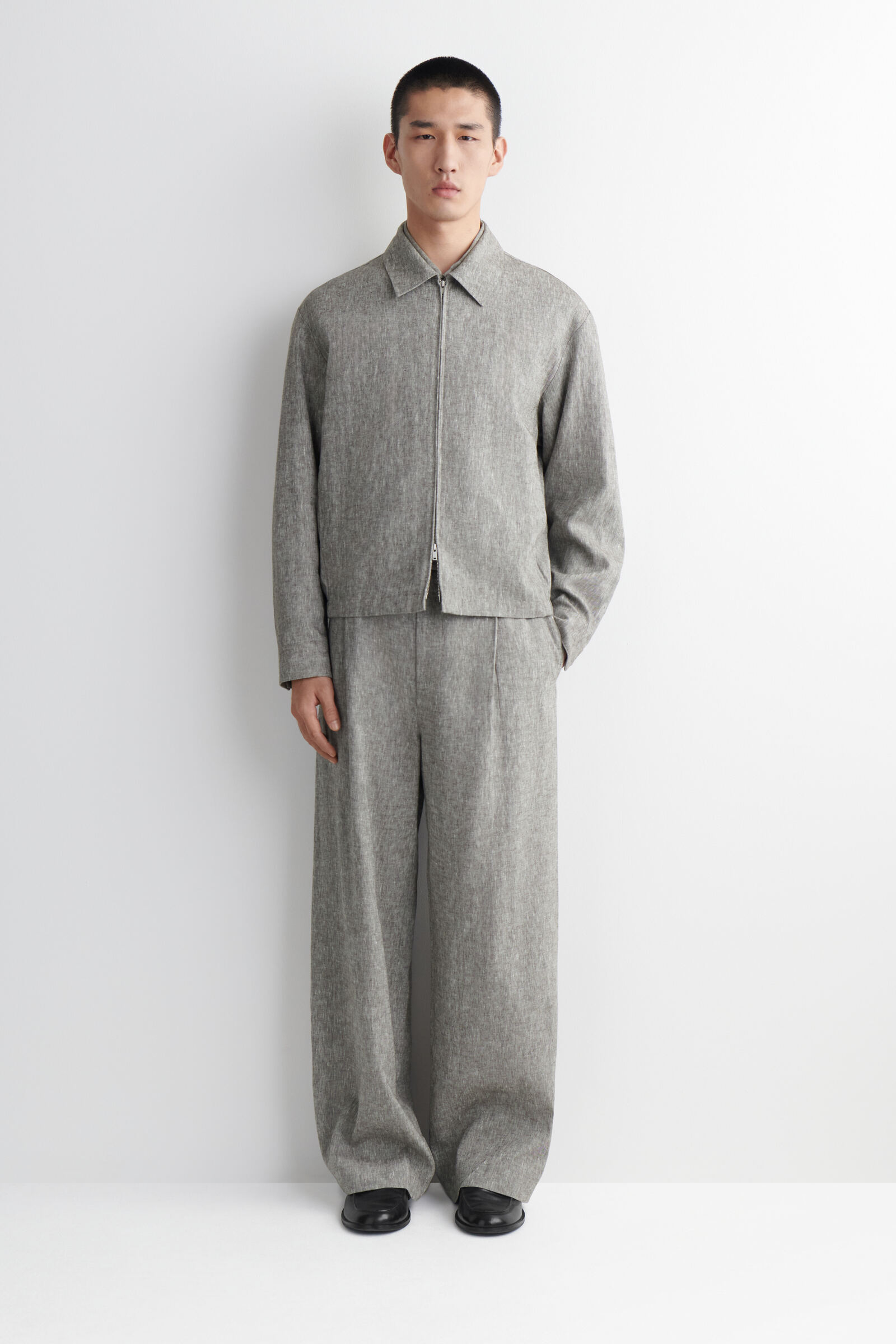 LINEN RELAXED-FIT WIDE-LEG TROUSERSGREY MÉLANGE