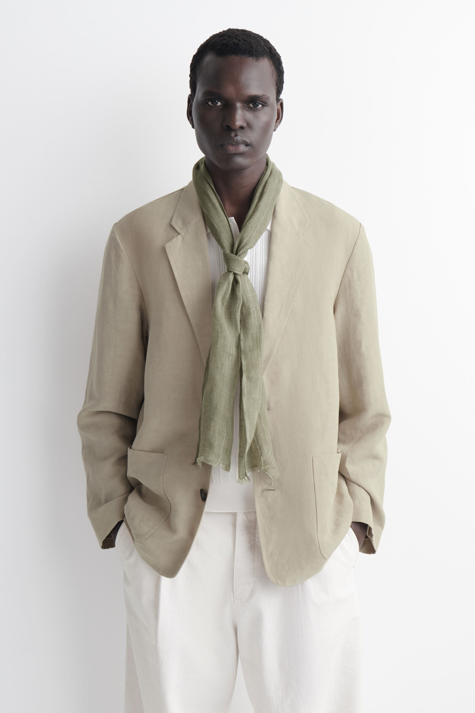FRINGED LINEN SCARFKHAKI / STRIPED