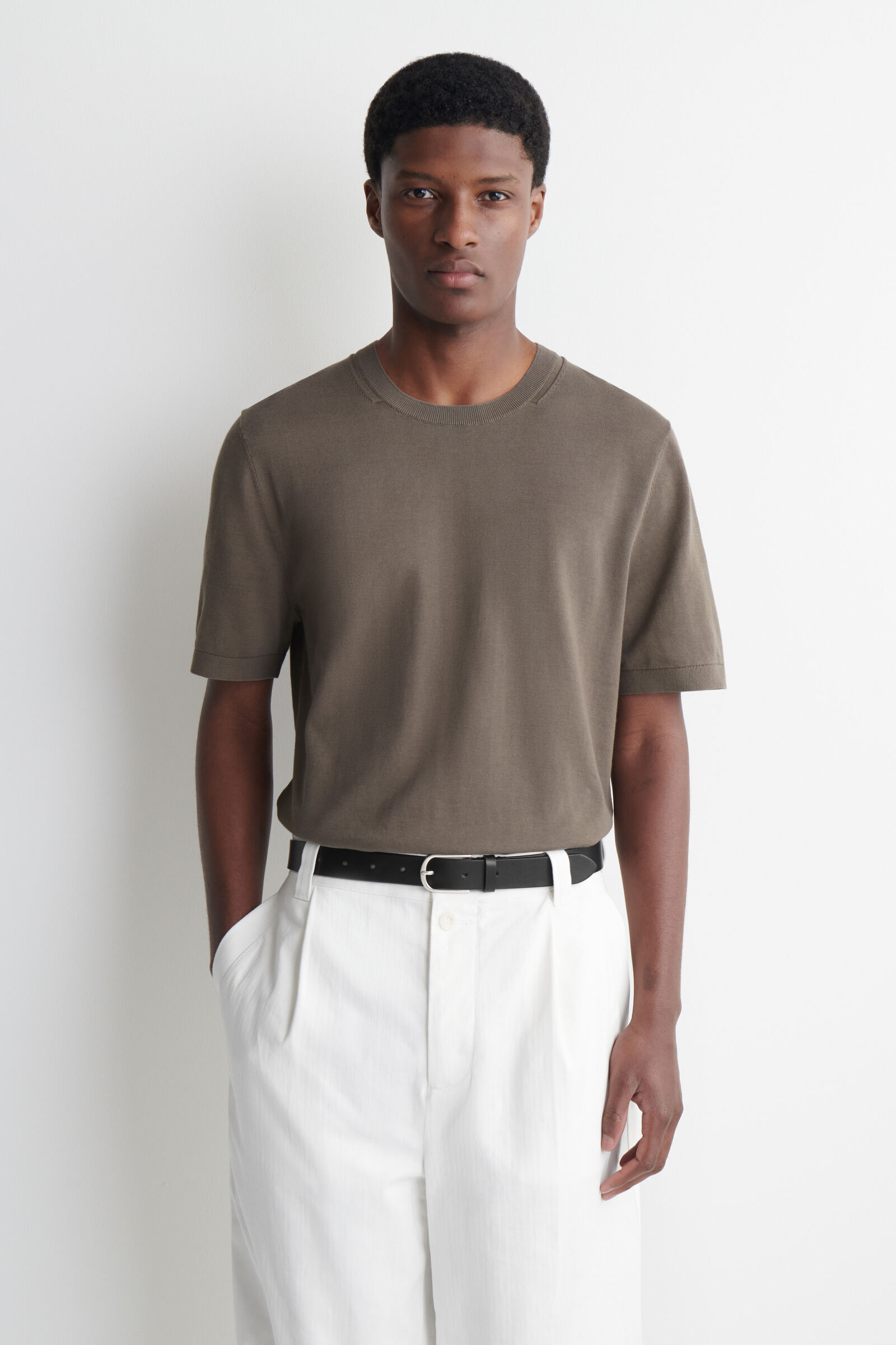 KNITTED COTTON T-SHIRTLIGHT BROWN