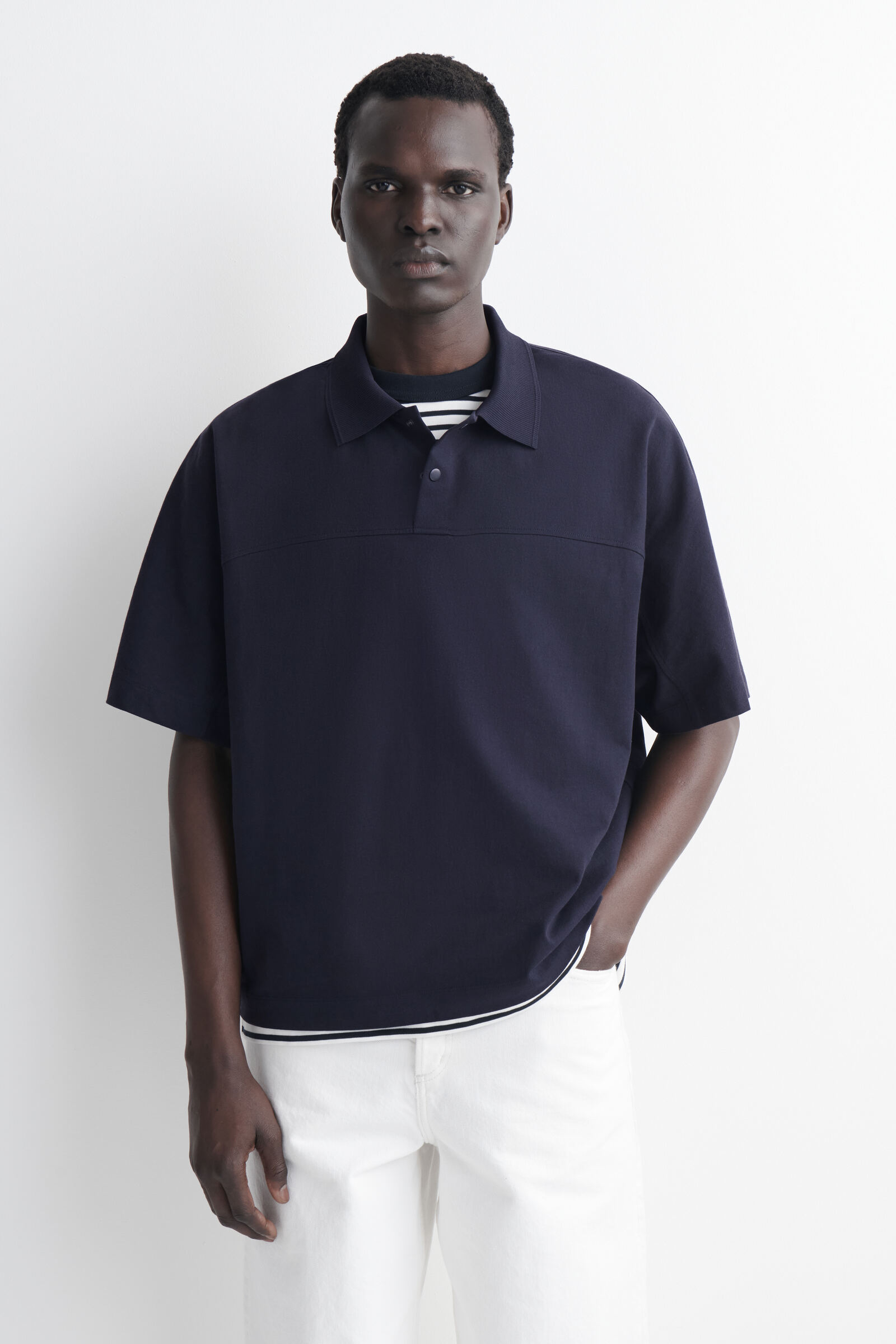 PRESS-STUD COTTON POLO SHIRTNAVY