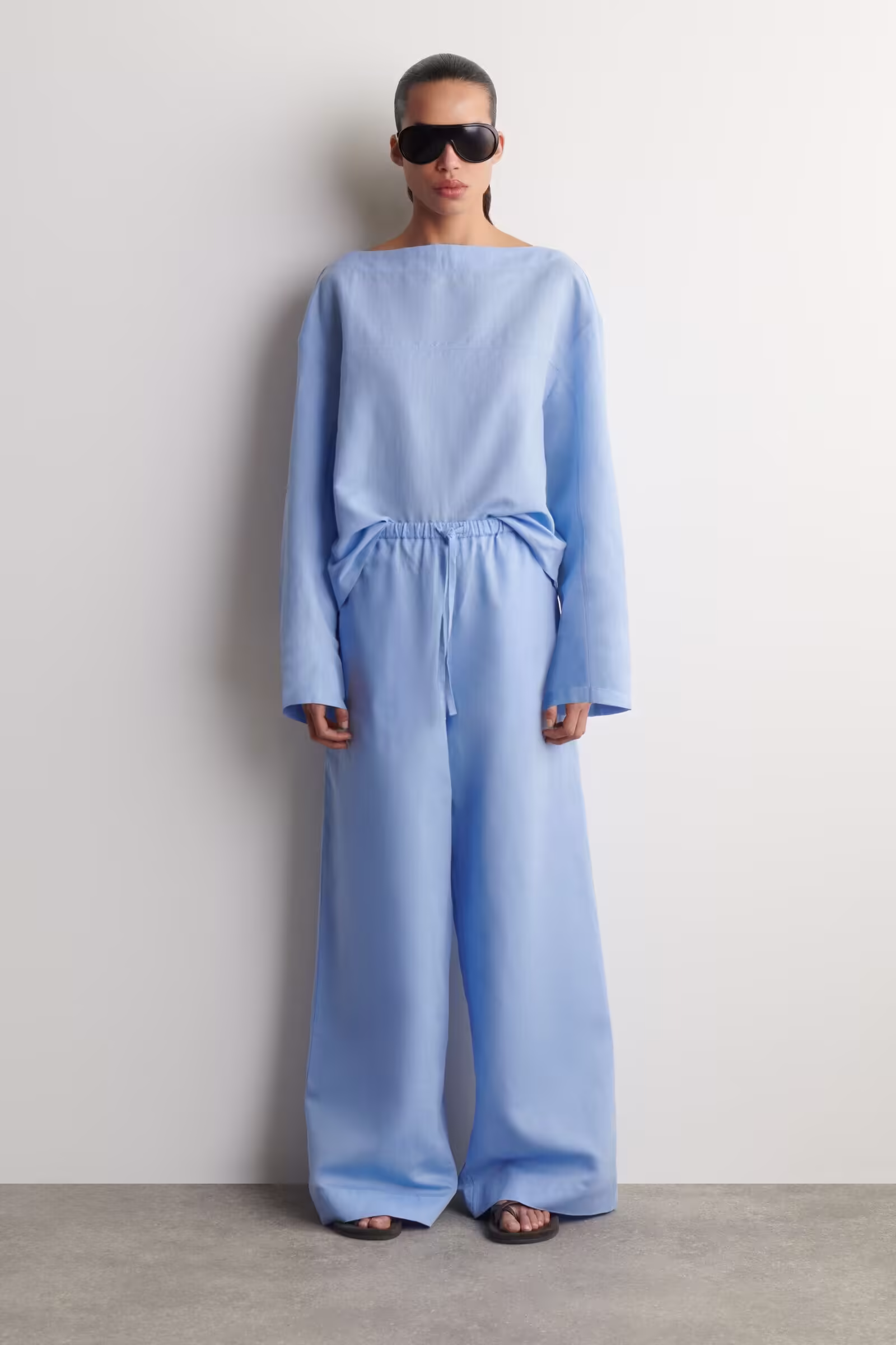 WIDE-LEG LINEN DRAWSTRING TROUSERSLIGHT BLUE