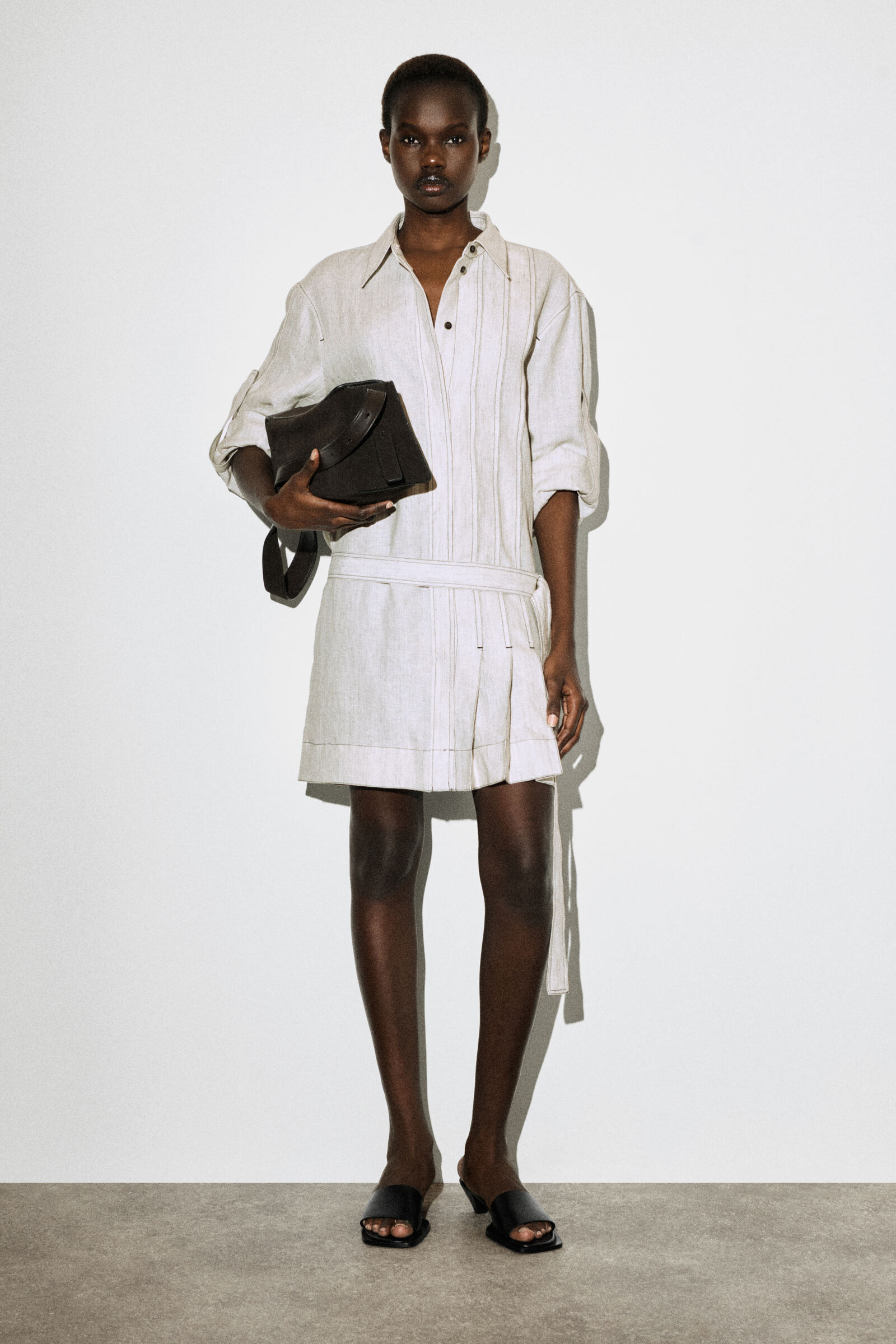 BELTED PLEATED LINEN MINI SHIRT DRESSLIGHT GREY