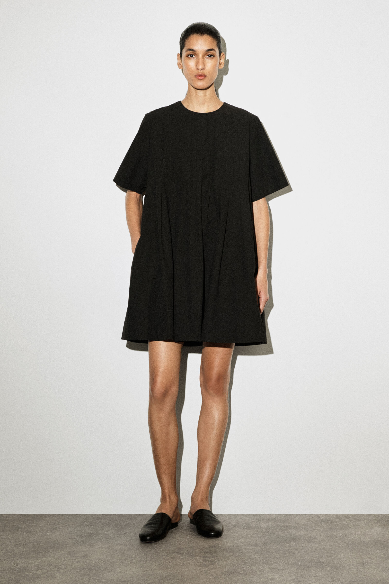 PLEATED COTTON-POPLIN MINI DRESSBLACK