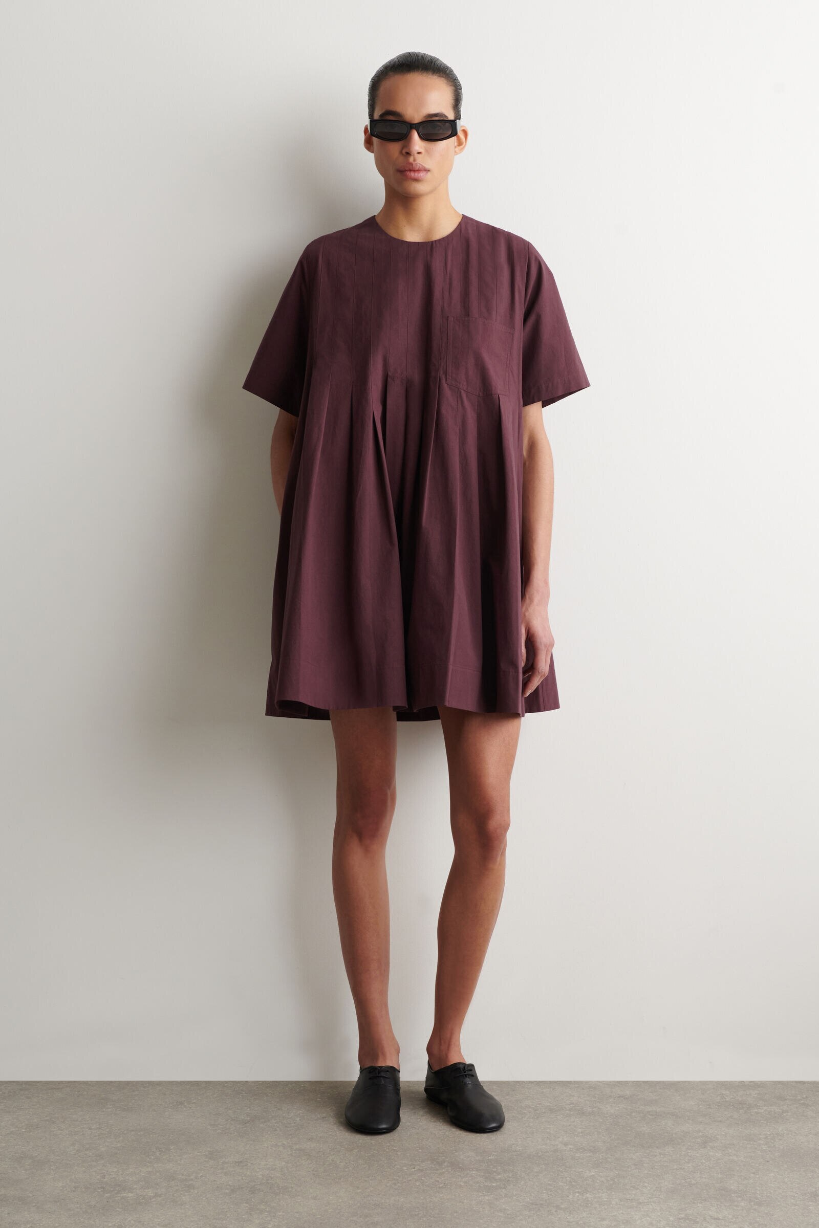 PLEATED COTTON-POPLIN MINI DRESSBURGUNDY